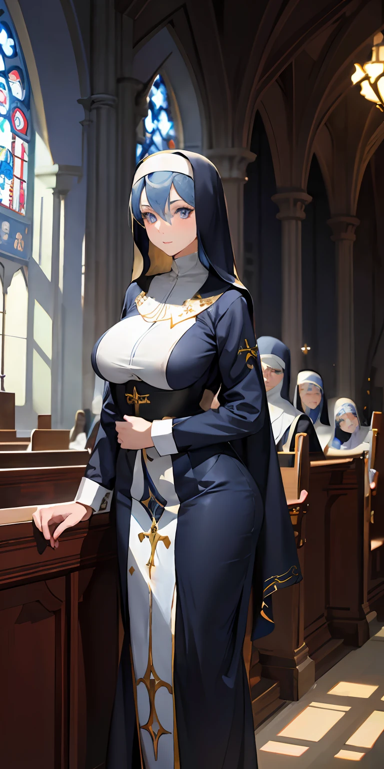 1Women, mature, blue hair, blue eyes, portrait, realistic, sidelighting, wallpaper, huge tits, (nun), church,
