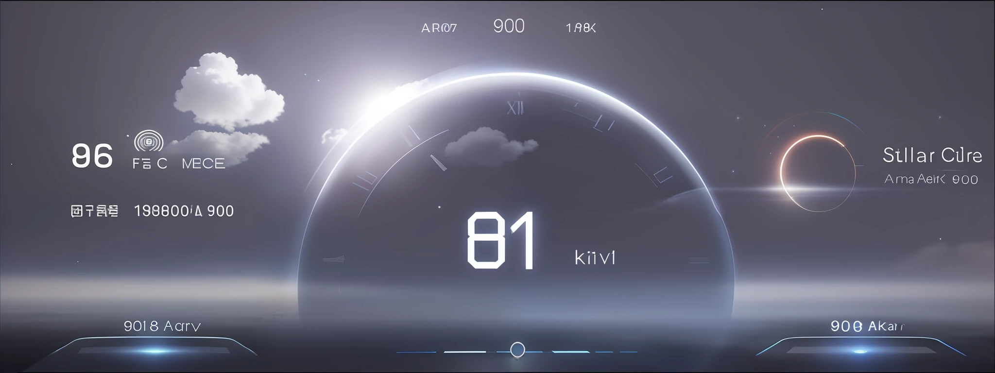 Alafid view of clock with sky background and sun, Highly detailed atmosphere, visible sky and humid atmosphere, light speed, Earth in the distance, Clear atmosphere, Speed plotter, Head-up display, blurred environment background, Aerogel iOS UI concept, atmospheric 8k, 360*, 80k, 8 0 k, Hypersphere, Futuristic atmosphere