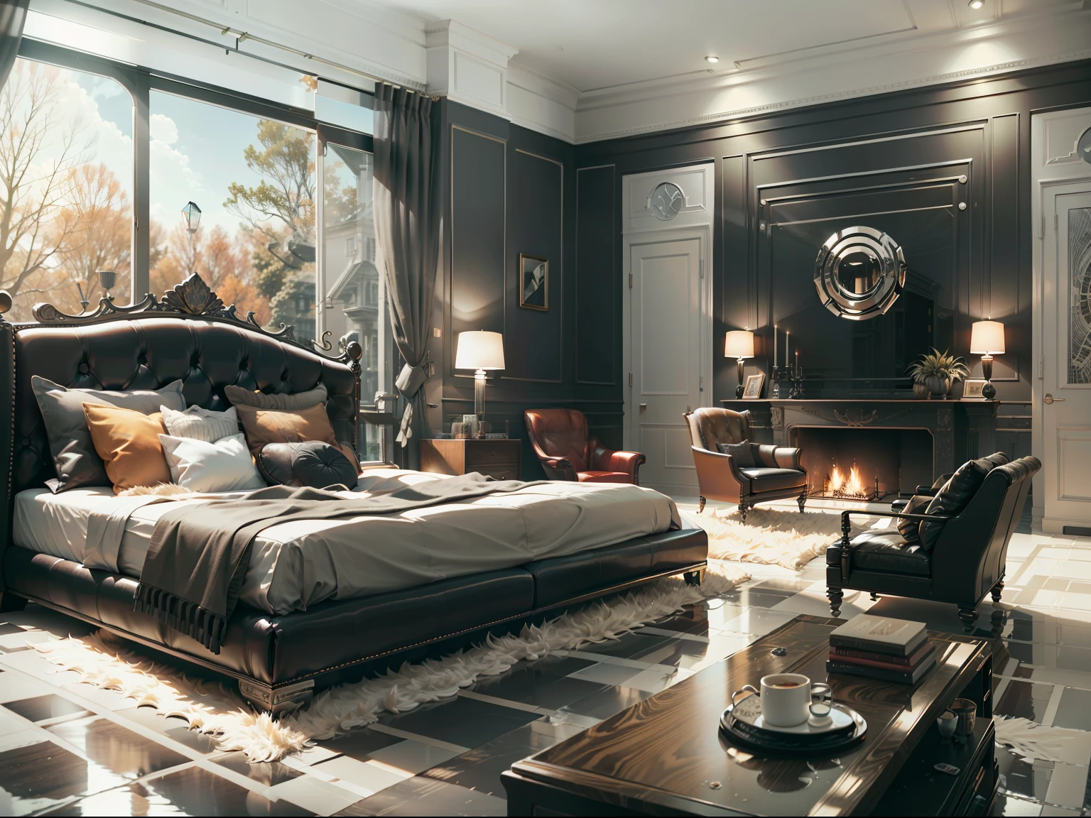 The property features modern design furniture, including armchairs upholstered in black and gray leather, tempered glass coffee tables with chrome bases,Luxurious queen bed and black leather chair, Autumn elements are required