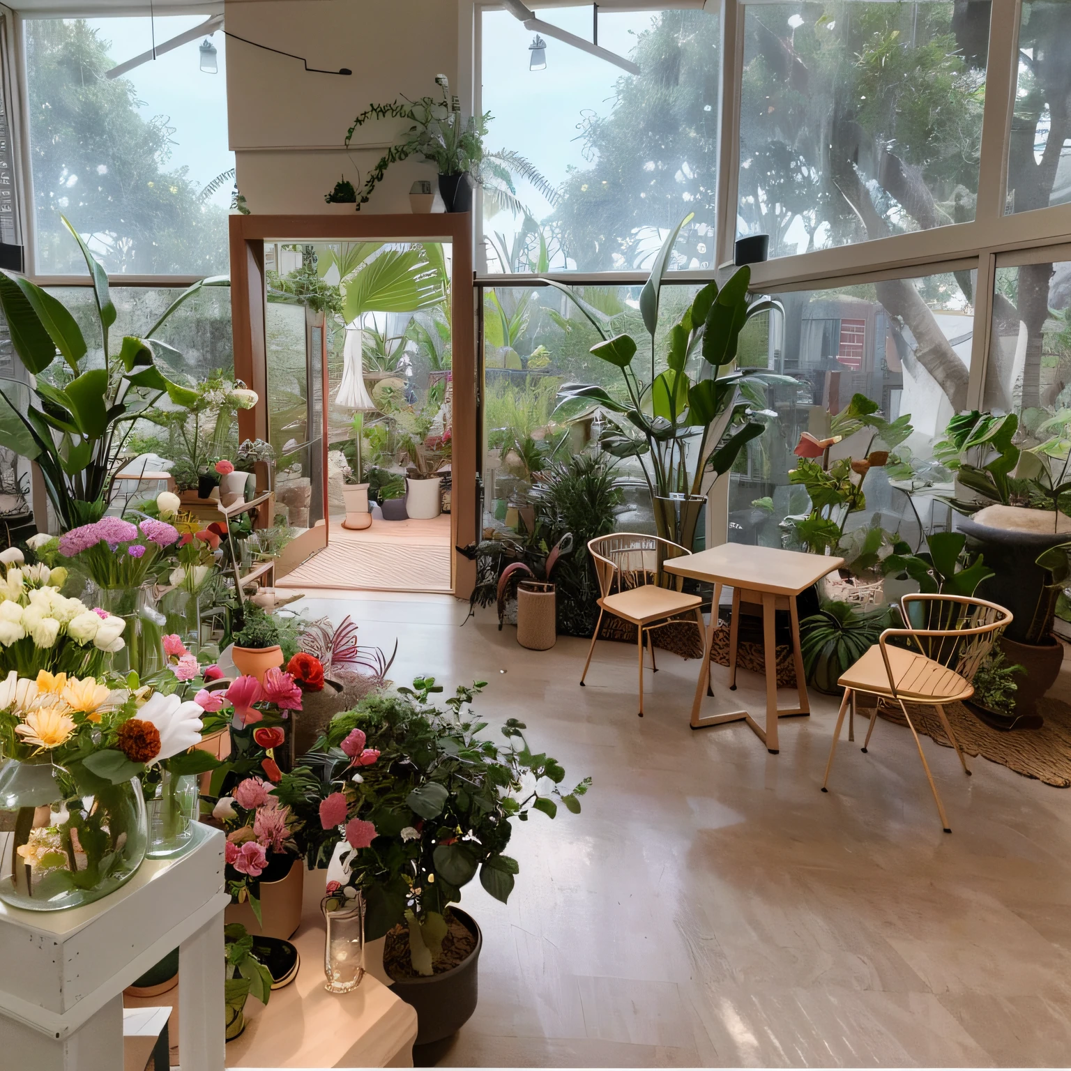 The room had a lot of plants and a table and chairs, interior setting, in bloom greenhouse, lush plants and bonsai trees, Terrarium seating area, lush plants and flowers, indoor, floral environment, with flowers and plants, with backdrop of natural light, Lots of plants and flowers, lush surroundings, Peaceful environment, plants and jungle, Flowers and plants,Blue sky,