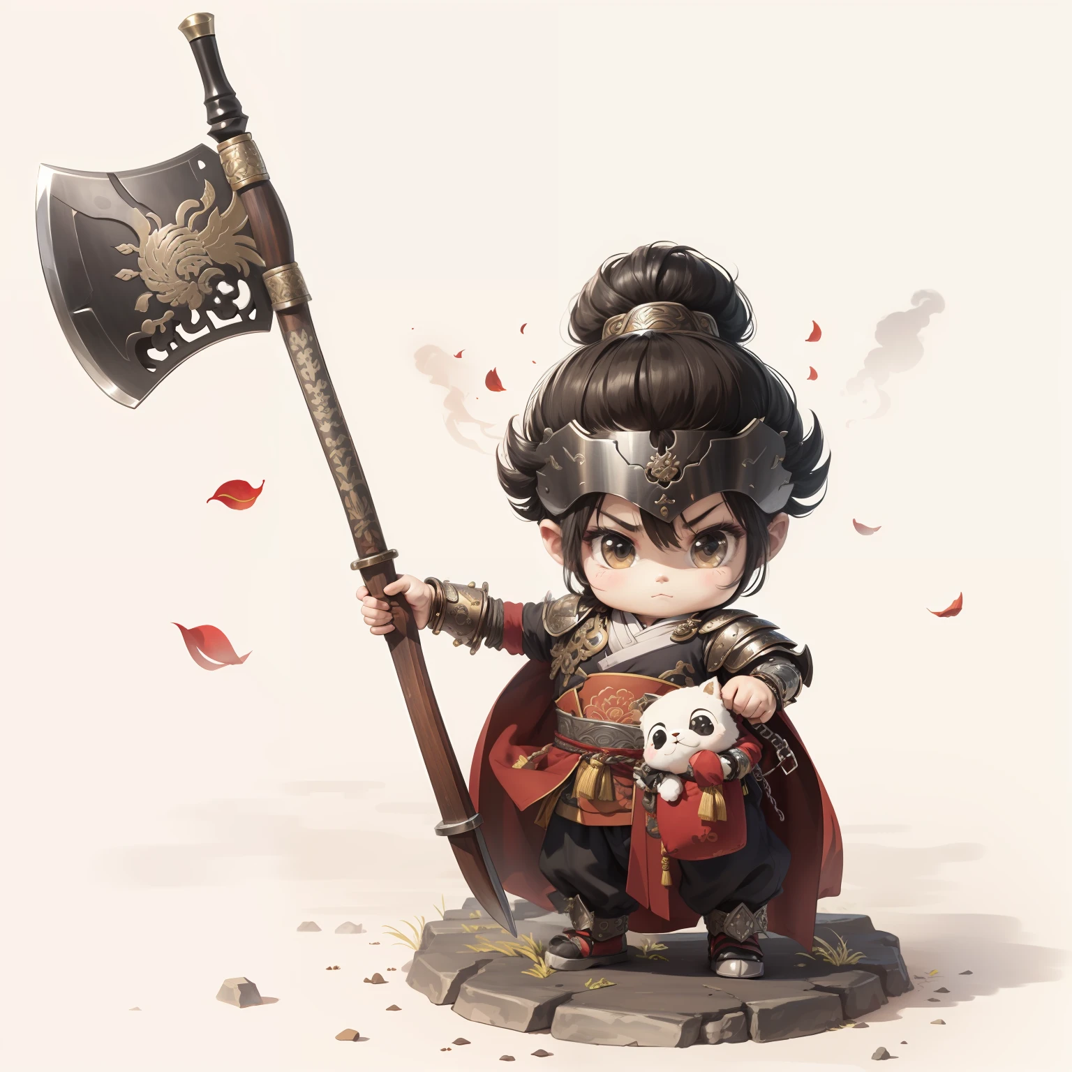 male people，Male characters，tchibi，Bad，Arms，Axe weapons，Ancient Chinese weapons，The handle has a delicate pattern，Shoulder blades，metal breastplate，chainmail，Animal pattern cuirass，chest plate，Bracers，Flowing hem，China-style，Chinese-style clothing，Chinese shoes，There are beautiful patterns on the weapon grips，Refinement，Fine painting，Refinement，infinite details，high definition detail，Patterned，Pattern，Blank background，Bright colors，Metal edging
