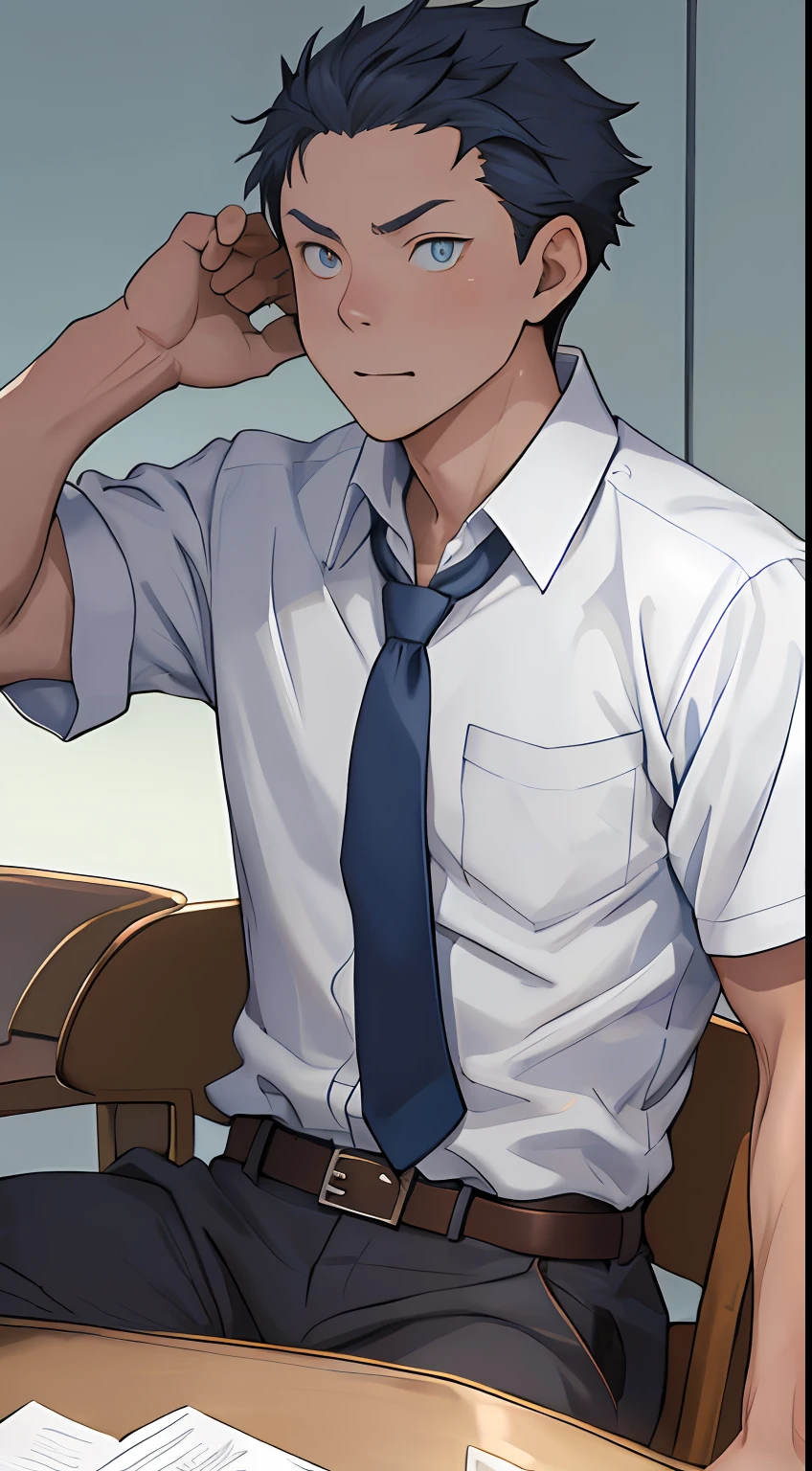 （1 Adult male），A high resolution， Sharp focus， Pixiv masterpiece， （（Complicated details））， highly  detailed， natsuki_subaru， 1 man， with her mouth open，full bodyesbian，sit astride， blue colored eyes（eyes glowing）， blue short hair，white  shirt，Wear a tie，Wear a belt，perspire，look from down