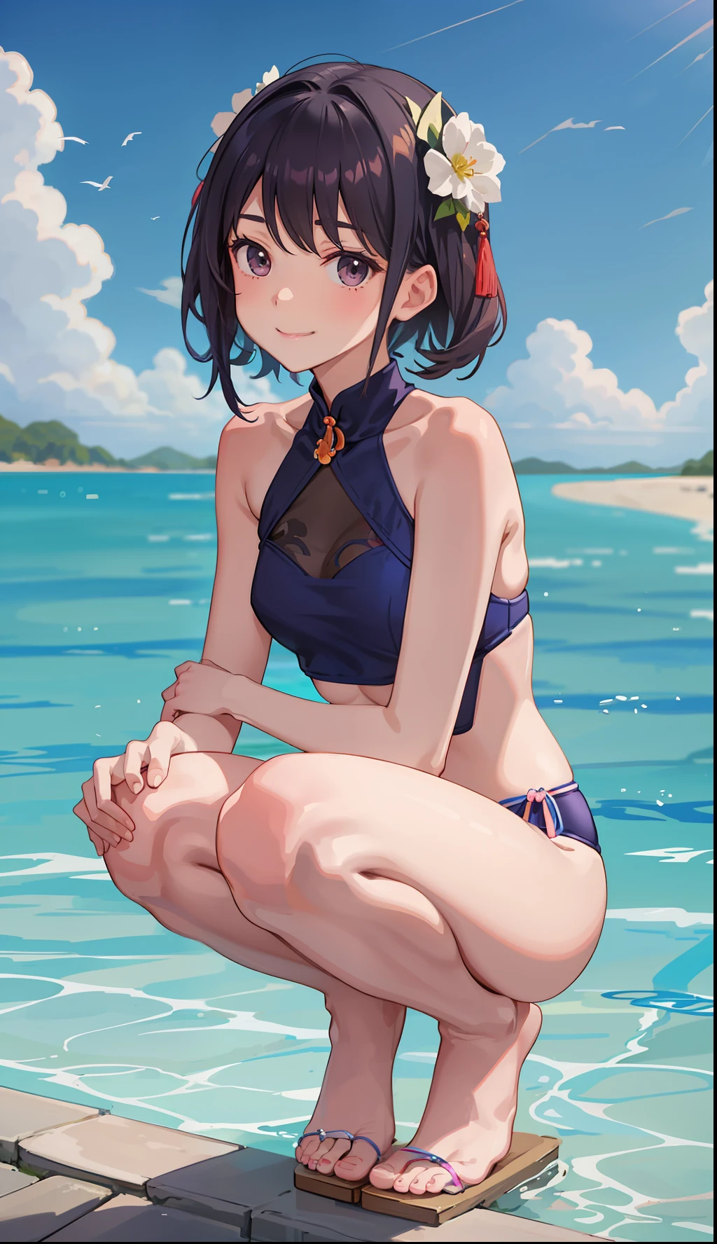 1girl in、A smile、A delightful、夏天、swimming pools、Wearing swimwear、(small tits)Squatting panchira、