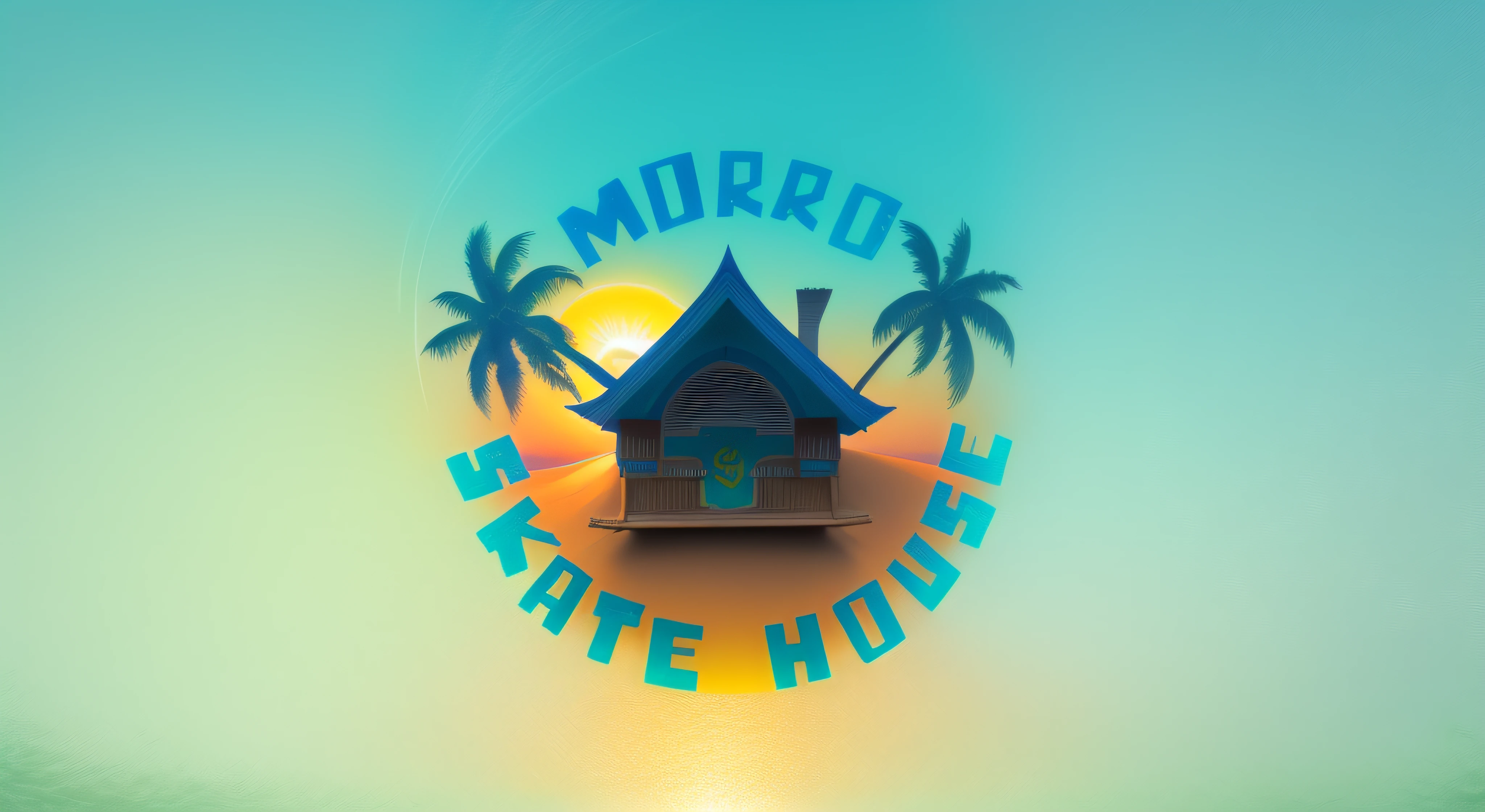 um close up de um skate com uma casa e palmeiras sobre ela, etiqueta, 【 sciart 💙💜 🕹️ 😎 🚬, Logotypetype illustrated, bom-humorado, argamassa, 🔥 😎 🕹️ 👀, Logo, Logo, skate, island, ilha tropical, paradise, forest, deep forest, mushrooms, plantas, flores, troncos, musgo, sol, dia lindo