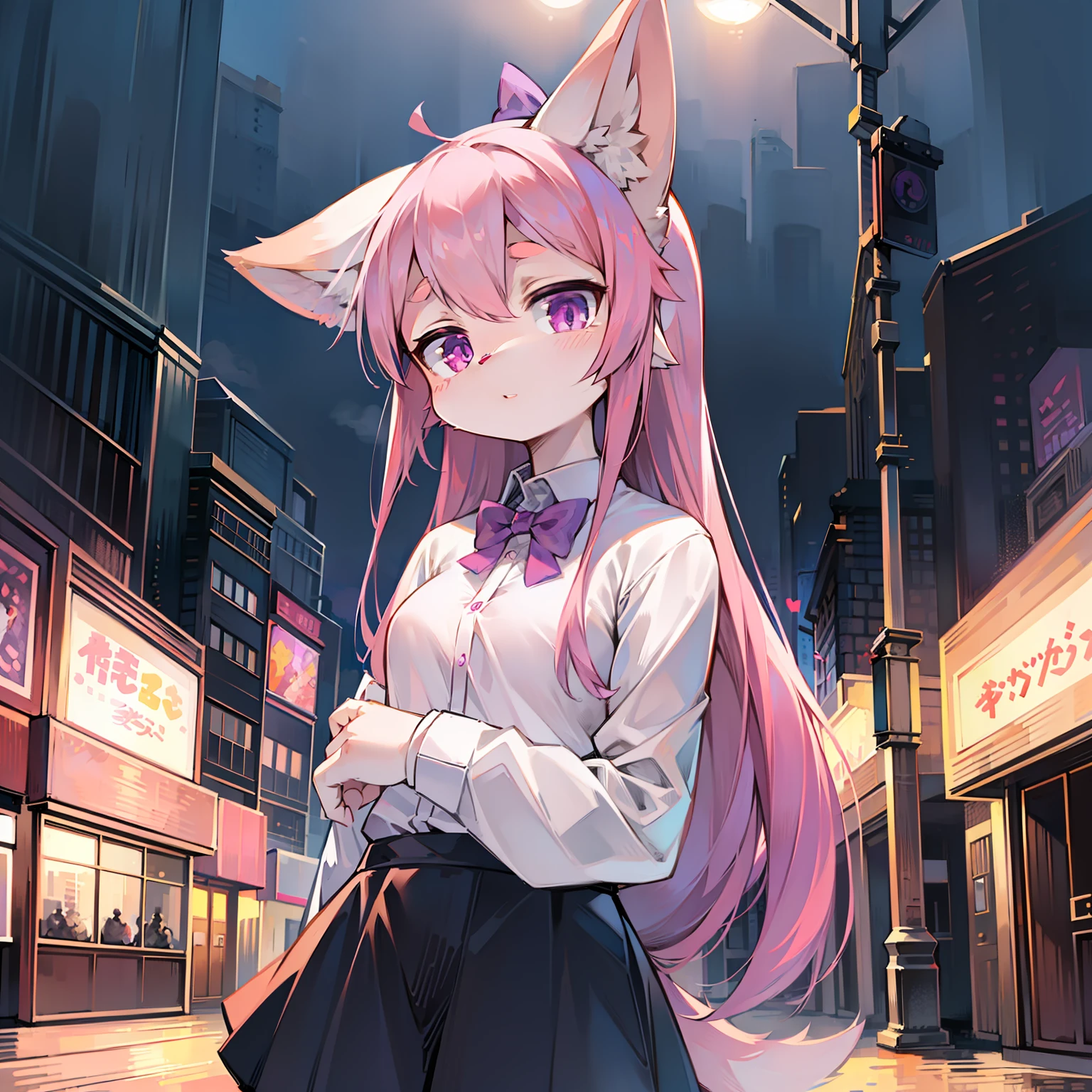 Solo, kemono, female, pink hair, purple eyes, wear purple bow tie, wear white long sleeve shirt, wear black skirt, standing in theme park, theme park background, day time
