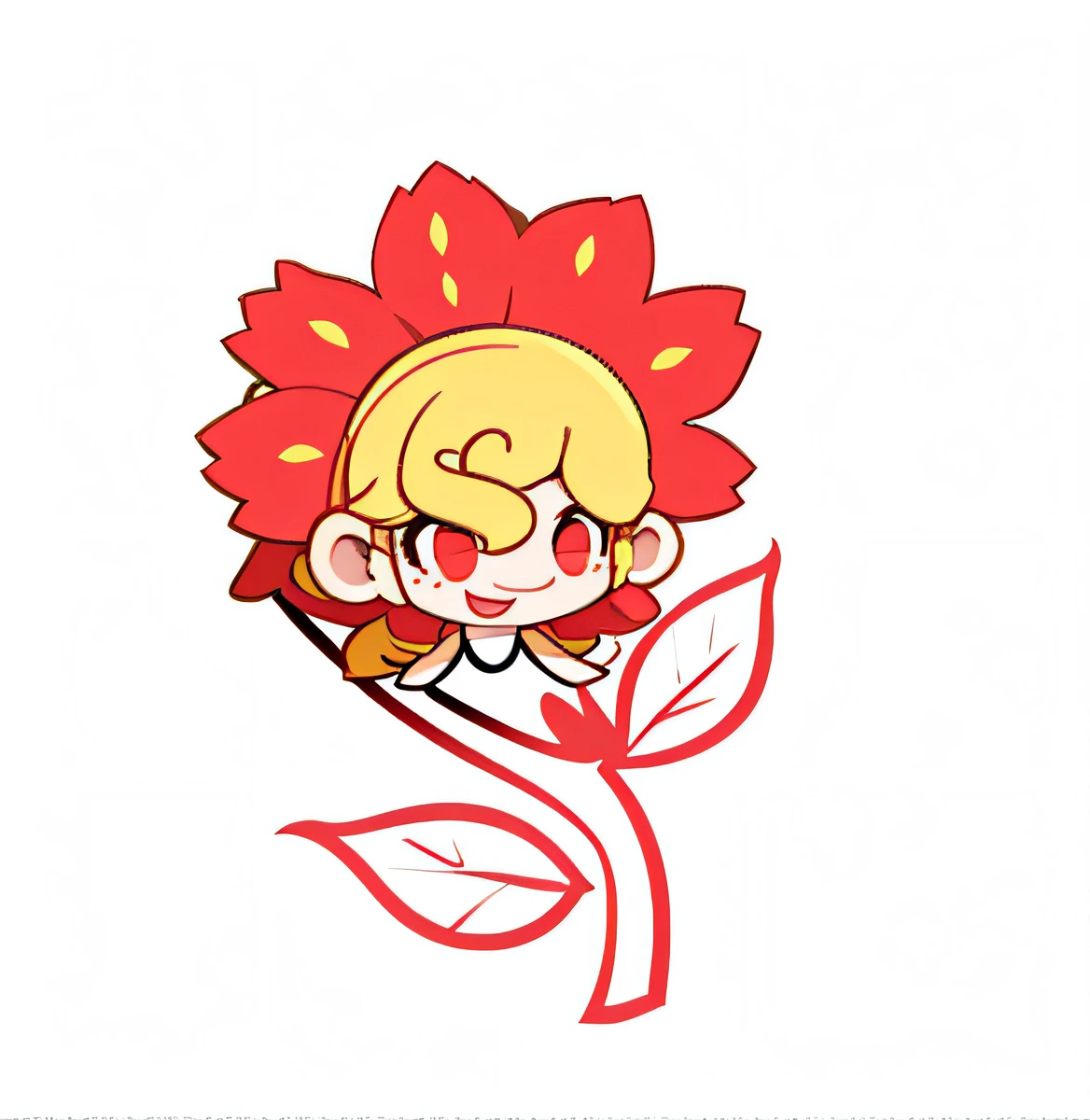 There is a smiling red flower on it, Red flower, depicting a flower, Holding a flower, flower face, enjoyable, alexis flower, surrounded flower, Middle Metaverse, opulent, flower, Bright and happy, giant daisy flower as a head, with colored flowers, Cartoon Cute, picking up a flower, flower child