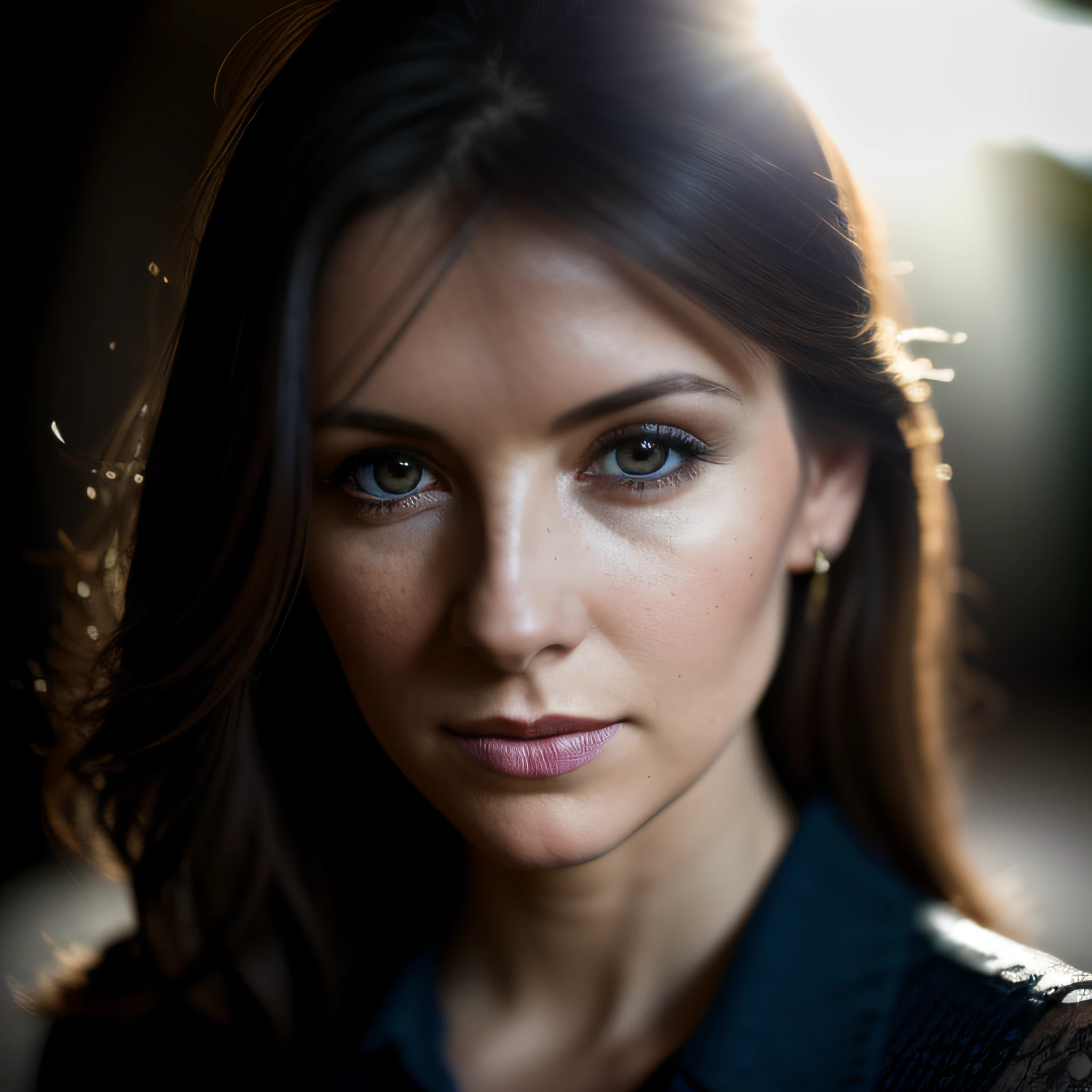 Bokeh, raw, ((dappled light on face)), close portrait, (extreme skin details), skinny (30yo Scottish woman), ultra realistic, rule of thirds, dramatic overhead lighting, detailed face, cute, shallow depth of field, intricate details, god rays, skintight, perfect full-bodied portrait, high heel pumps,