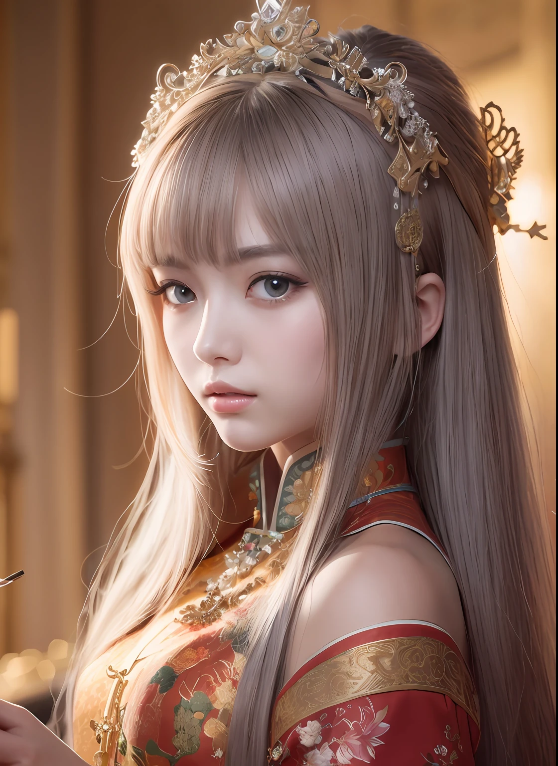 High quality, Masterpiece, Masterpiece, Exquisite facial features, Exquisite Hair, Elaborate Eyes, Off-bshoulders,Delicate colored hair, 4K quality, Gorgeous light and shadow, Tyndall effect, Halo, Messy hair, Young state, Gorgeous scenes, Beautifully dressed, feater,Ancient Chinese beauty with big eyes,detail-rich, Digital painting, art stations, concept-art, Sharp focus, illustration,
