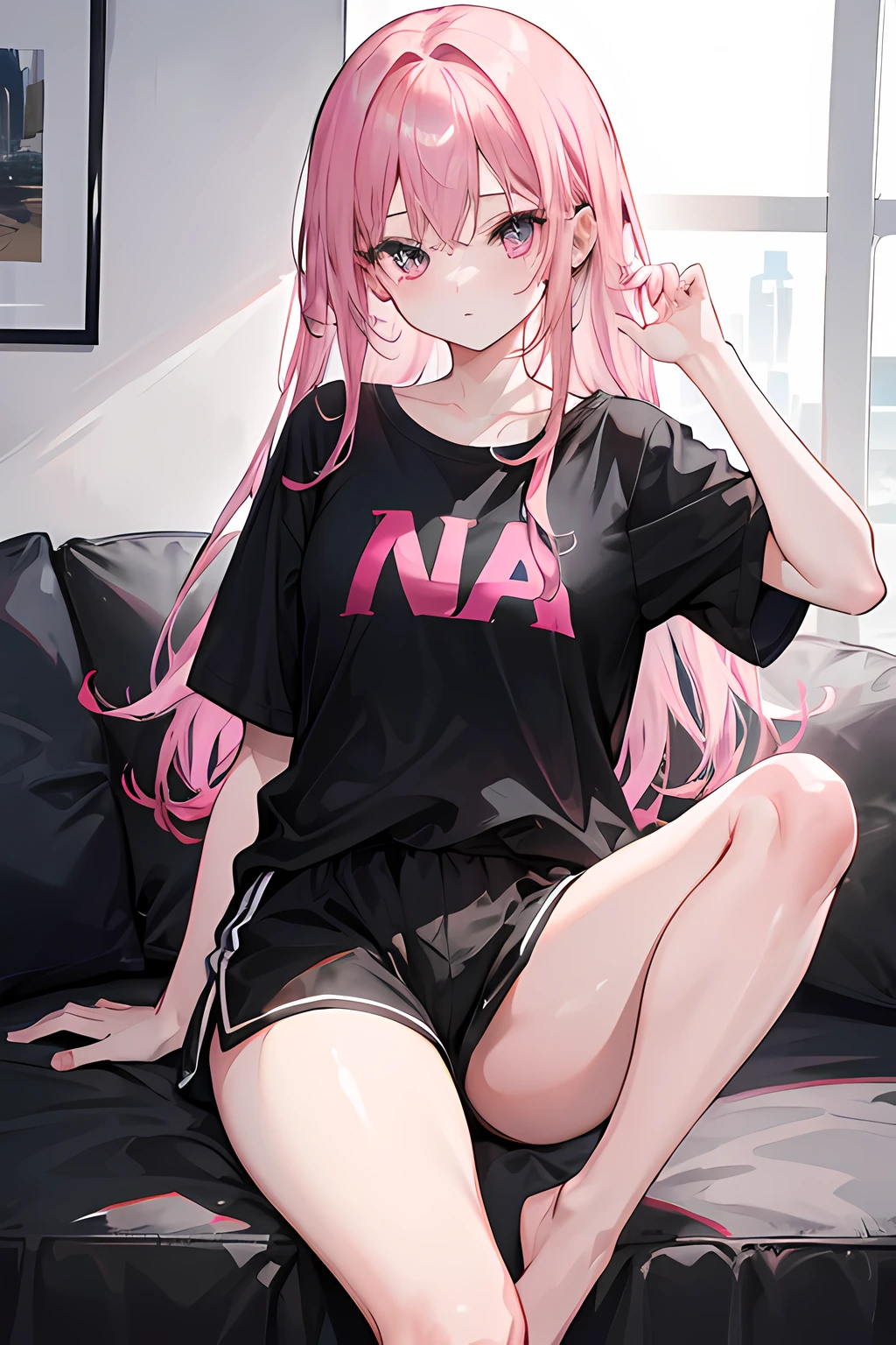 1girl, pink hair, wearing black shirt, black shorts, indoors, absurdres, high res, ultrasharp, 8K, masterpiece, looking at viewer