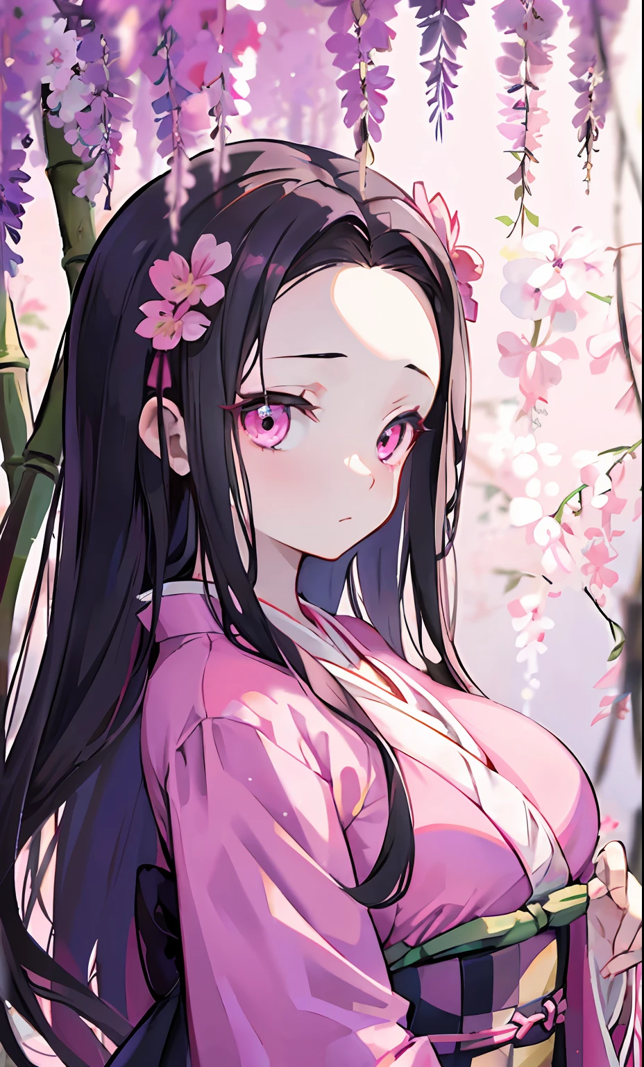 masterpiece, (pink kimono), loli, seductive face, good lighting, décolleté, huge breasts, small details, masterpiece, glowing eyes, 1girl, black hair, gag, bamboo, Nezuko Kamado, wisteria background, masterpiece, best quality, POV, whole body, wide hips,