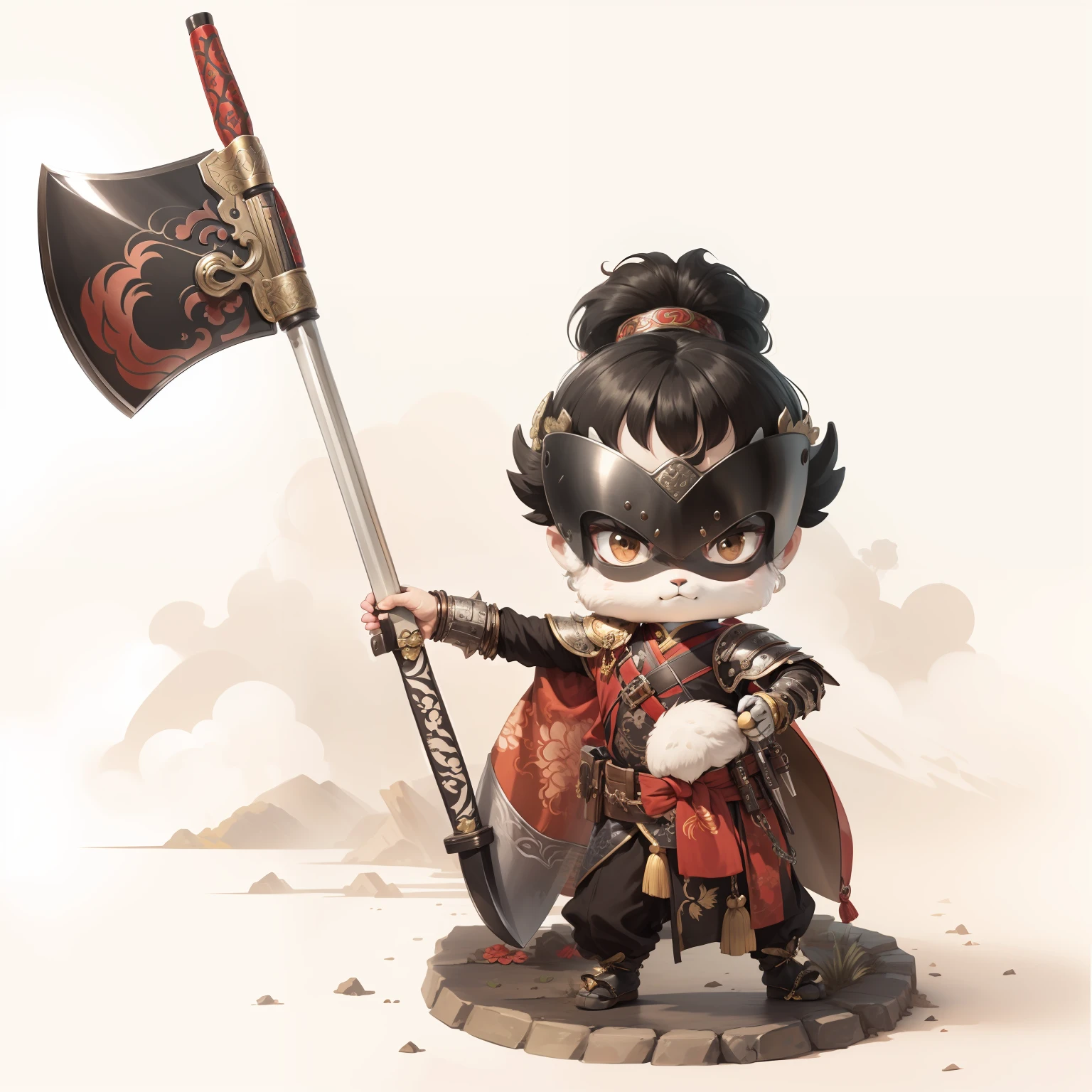 male people,Male characters,tchibi,Bad,Arms,Axe weapons,Ancient Chinese weapons,The handle has a delicate pattern,Shoulder blades,metal breastplate,chainmail,Animal pattern cuirass,chest plate,Bracers,Flowing hem,China-style,Chinese-style clothing,Chinese shoes,There are beautiful patterns on the weapon grips,Refinement,Fine painting,Refinement,infinite details,high definition detail,Patterned,Pattern,Blank background,Bright colors,Metal edging