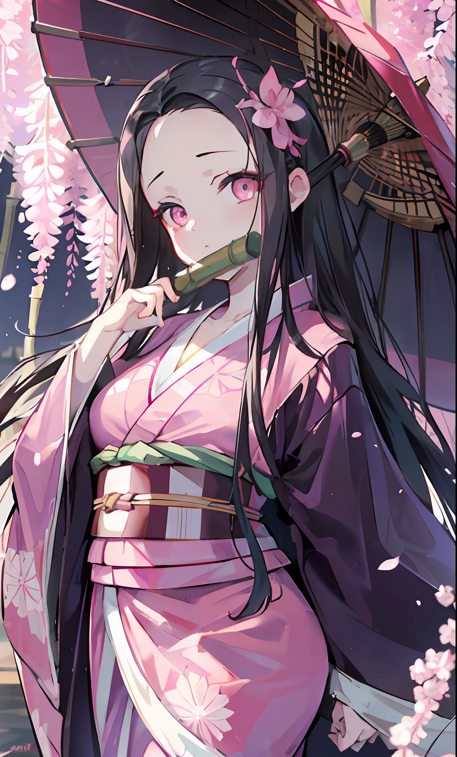 masterpiece, (pink kimono), li, seductive face, good lighting, décolleté, huge breasts, small details, masterpiece, glowing eyes, 1girl, black hair, gag, bamboo, Nezuko Kamado, wisteria background, masterpiece, best quality, POV, whole body, wide hips,