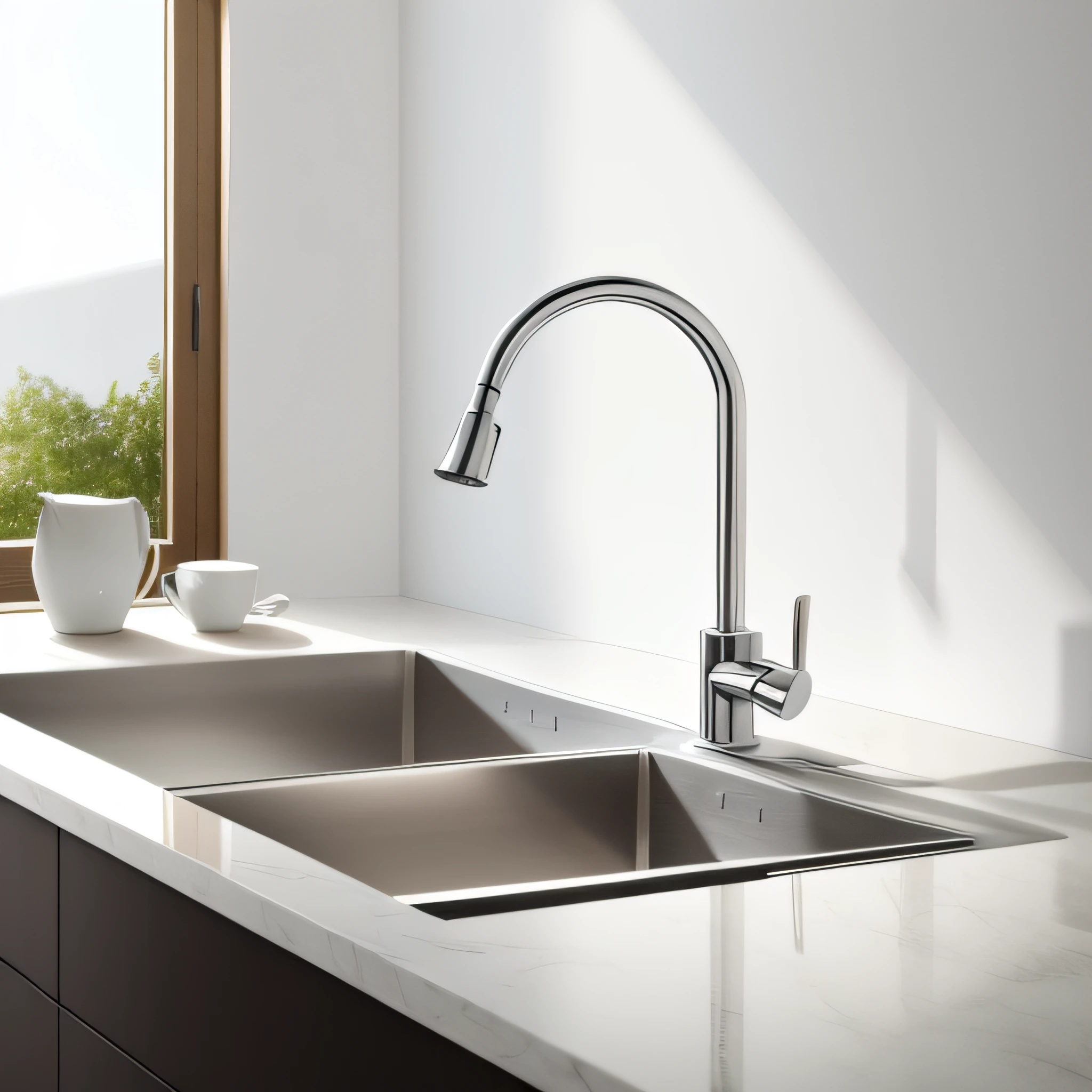 The kitchen faucet is minimalist and realistic
