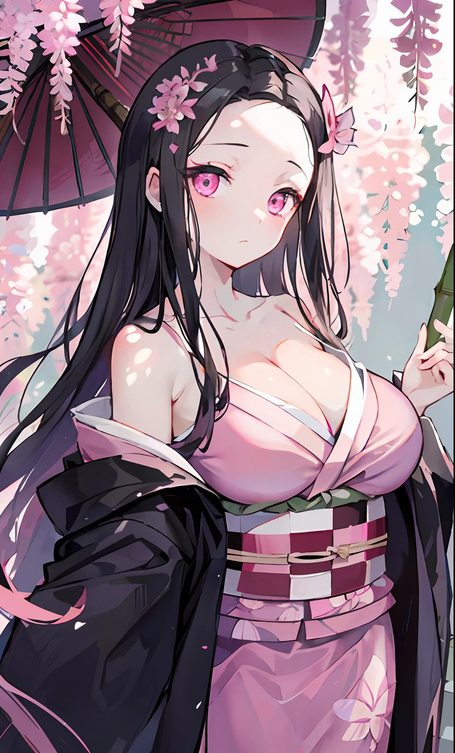 masterpiece, (pink kimono), , seductive face, good lighting, décolleté, huge breasts, small details, masterpiece, glowing eyes, 1girl, black hair, gag, bamboo, Nezuko Kamado, wisteria background, masterpiece, best quality, POV, whole body, wide hips,
