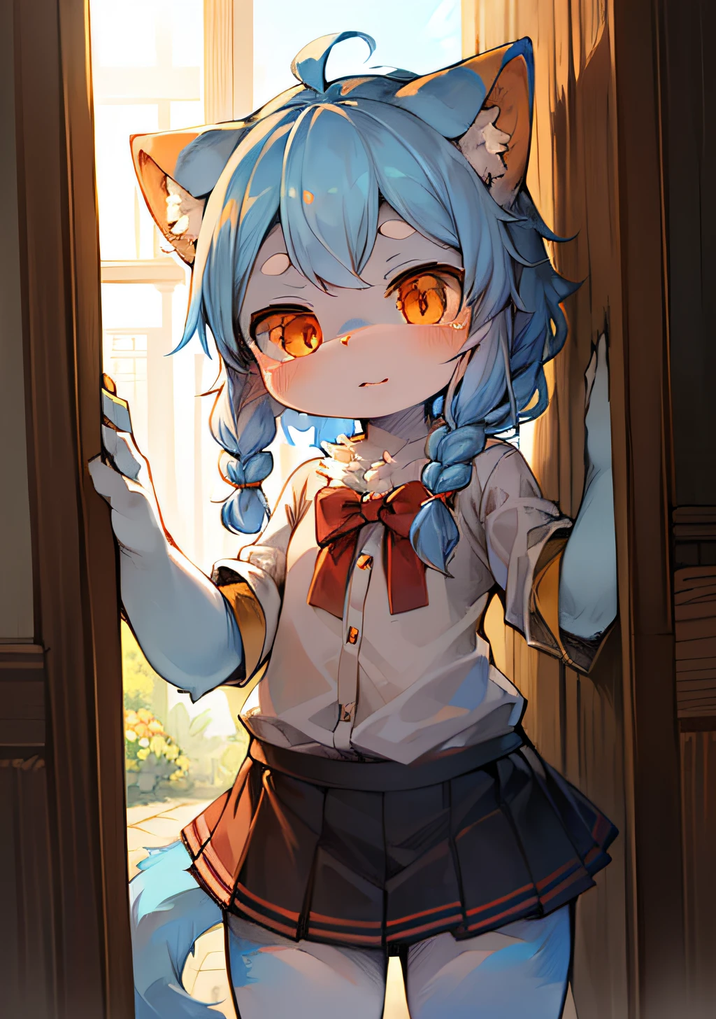 6 year old girl,Masterpiece, High quality, absurd res, Digital painting \(artwork of a\), by Dagasi, Yupa,Kiyosan,(Fluffy fur:1.1),(Bright:0.8),anthro female cat. (Orange eyes,Gray-blue fur, Full body fur, Cat nose:1.2), Bright eyes,in a panoramic view,Character focus.Detailed background,(dreads,Press the front of the skirt,wearing short skirt,Stand in the corner:1.2)