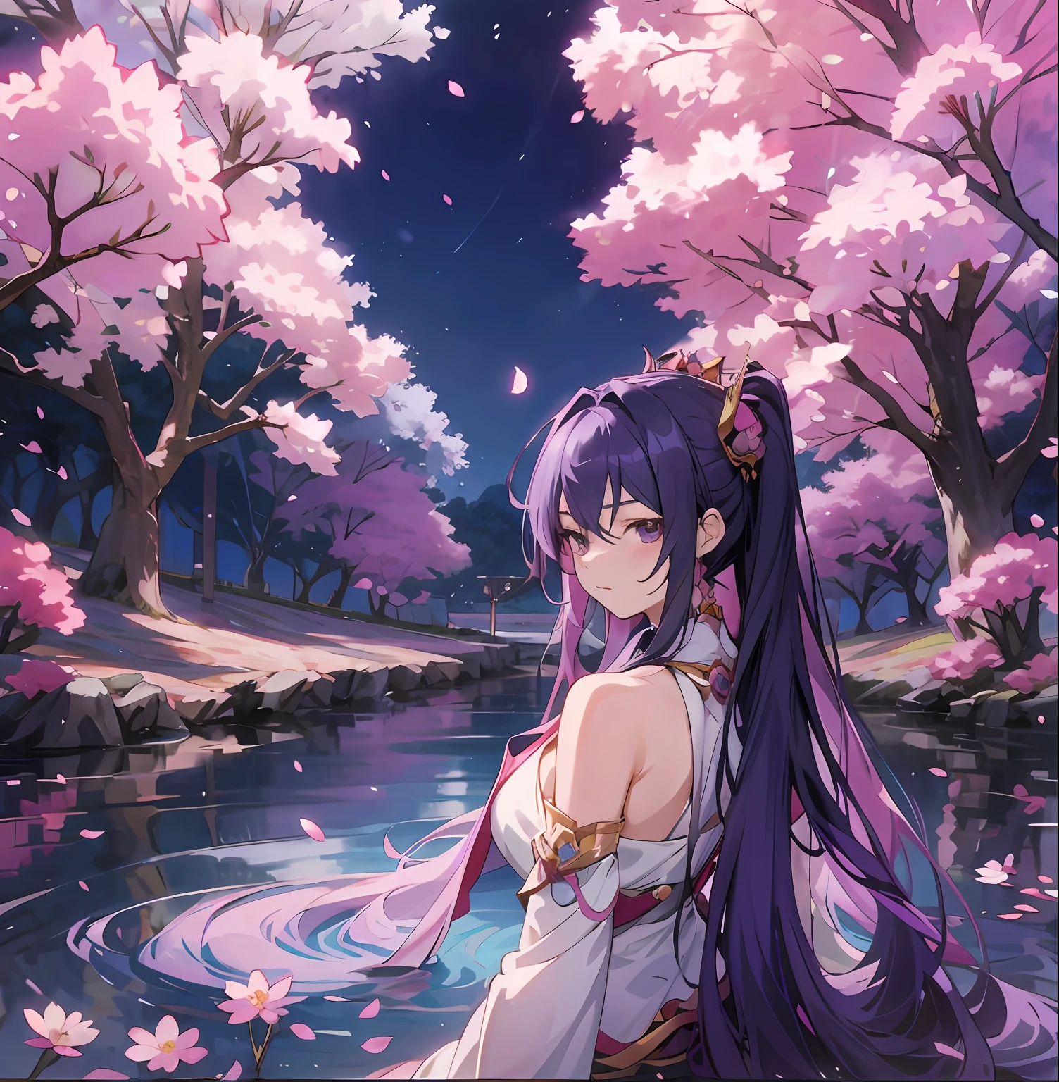 Anime girl with long purple hair standing in water with pink flowers, Beautiful anime, beautiful fantasy anime, Beautiful anime girl, sakura petals around her, ((a beautiful fantasy empress)), Beautiful anime artwork, Beautiful anime art, Anime goddess, Beautiful anime woman, beautiful and seductive anime woman, nightcore, Anime fantasy illustration, style of anime4 K, ”beautiful anime woman,There are cherry blossom trees on both sides of the shore,the night