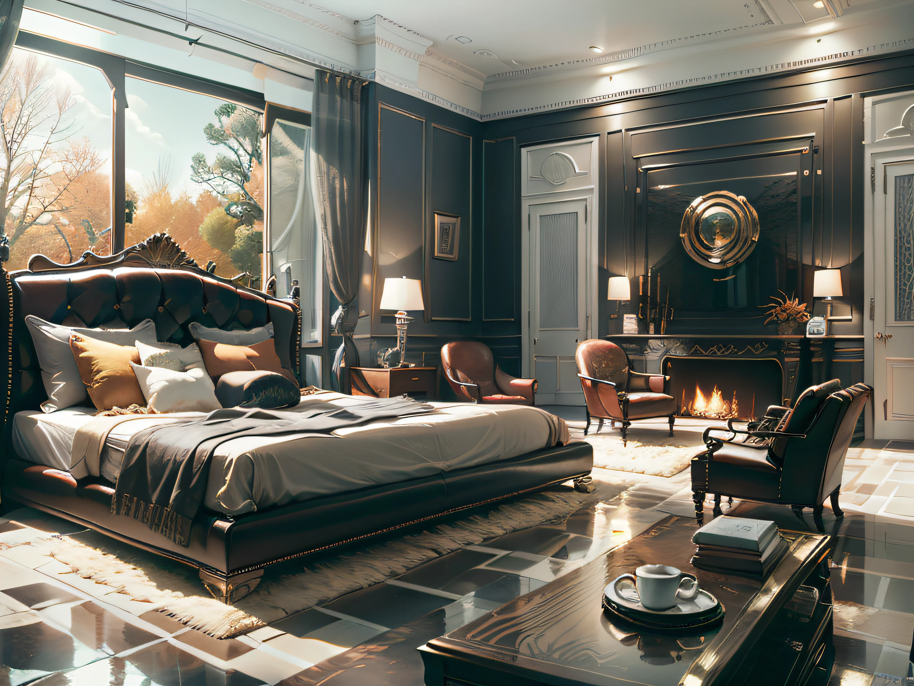 The property features modern design furniture, including armchairs upholstered in black and gray leather, tempered glass coffee tables with chrome bases,Luxurious queen bed and black leather chair, Autumn elements are required