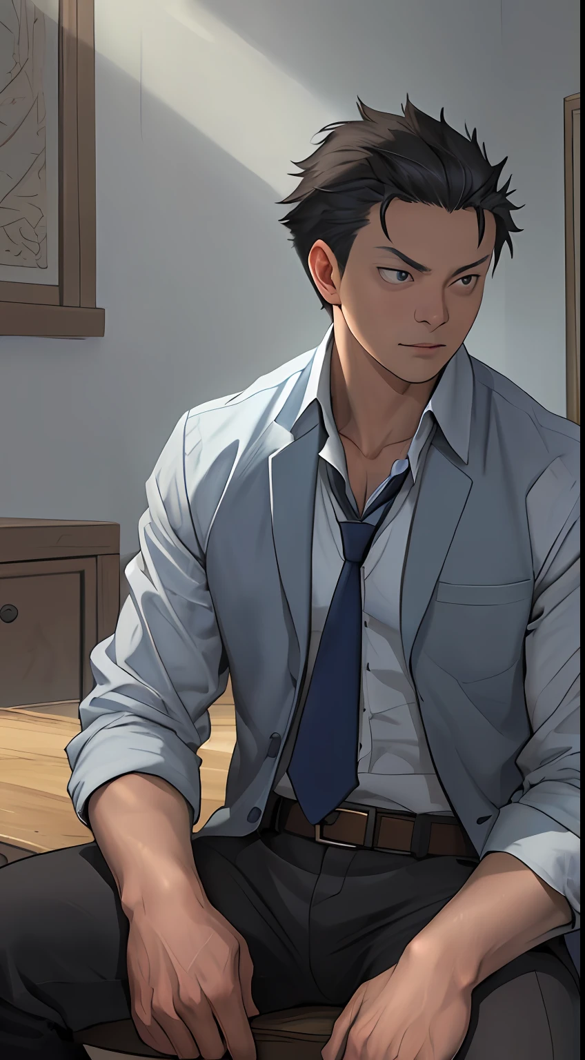 tmasterpiece,best qualityer,illustratio,Realisticstyle,photo realistic style,detail in face,offcial art,Movie lighting,(1 Adult male),A high resolution, Sharp focus, Pixiv masterpiece, ((Complicated details)), highly detailed, natsuki_subaru, 1 man, with her mouth open,full bodyesbian,sit astride, blue colored eyes(eyes glowing), blue short hair,white shirt,Wear a tie,Wear a belt,perspire,look from down