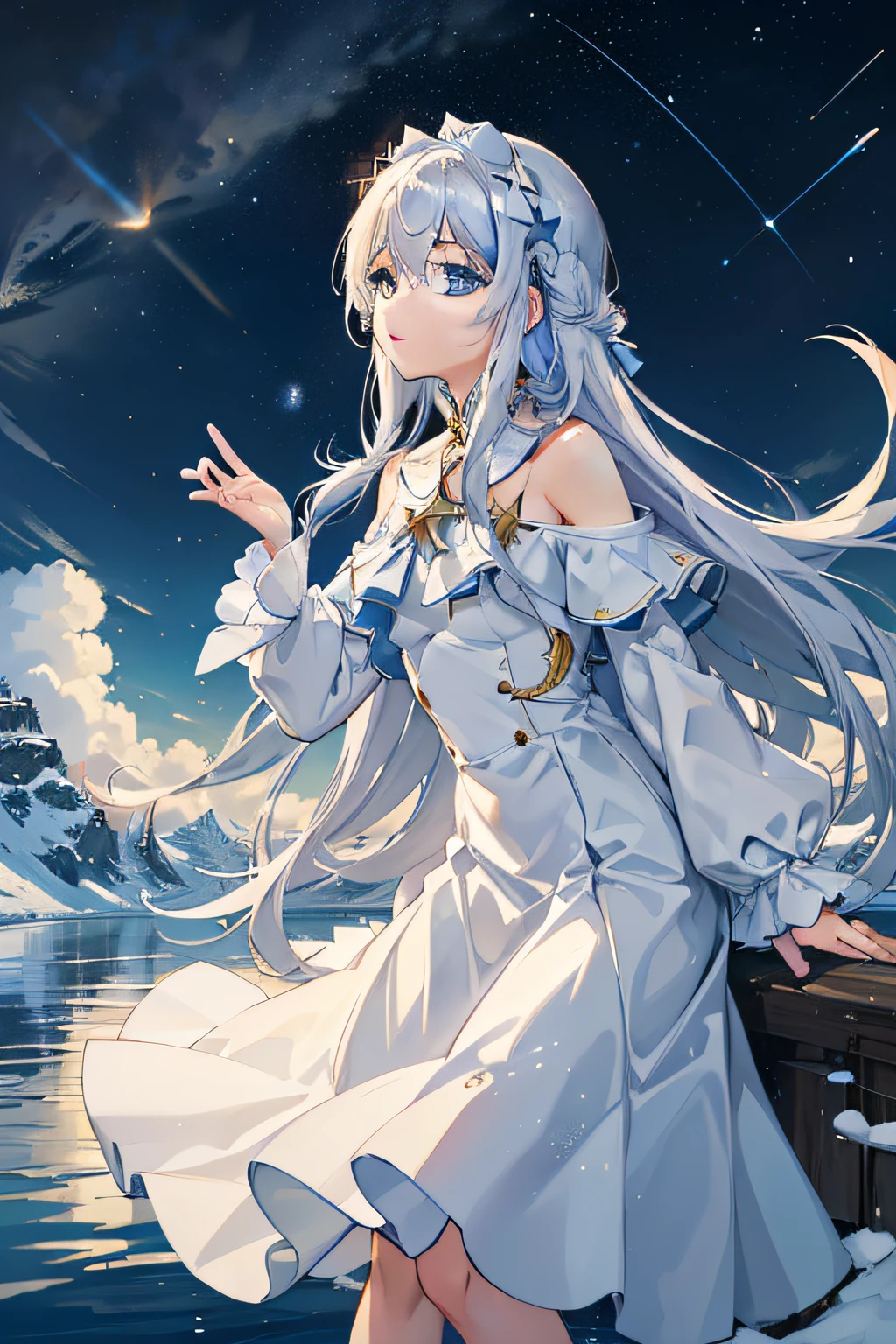 {{{masterpiece}}}, {{the best quality, super fine illustrations, beautiful and delicate water}}, {{very delicate light}}, {{nature, painting}}, {{fine lighting, more transparent stars, high-quality snowflakes, high-quality mountains, very fine 8KCG wallpapers}}, (plateau), (((snow mountain))), sunrise, randomly distributed clouds, (snow field), cliff, ((rotating star sky)), ((lake in mountain stream)), luminous particles