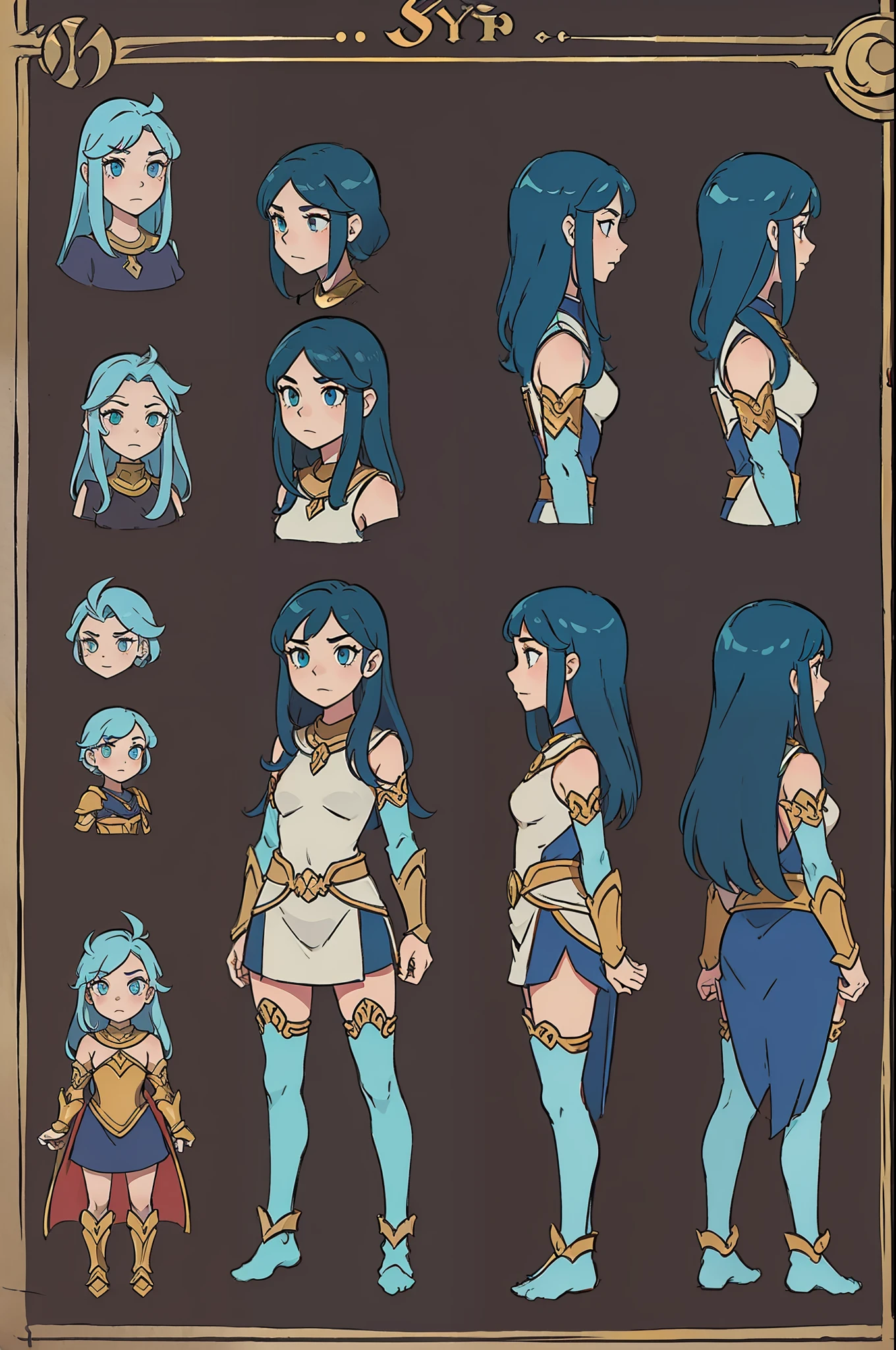 fantasy monster, by bestiary_style, masterpiece, best quality, minimalist, turnaround sheet, character chart, reference sheet, multiple poses, character turnaround sheet, girl, long hair, armor