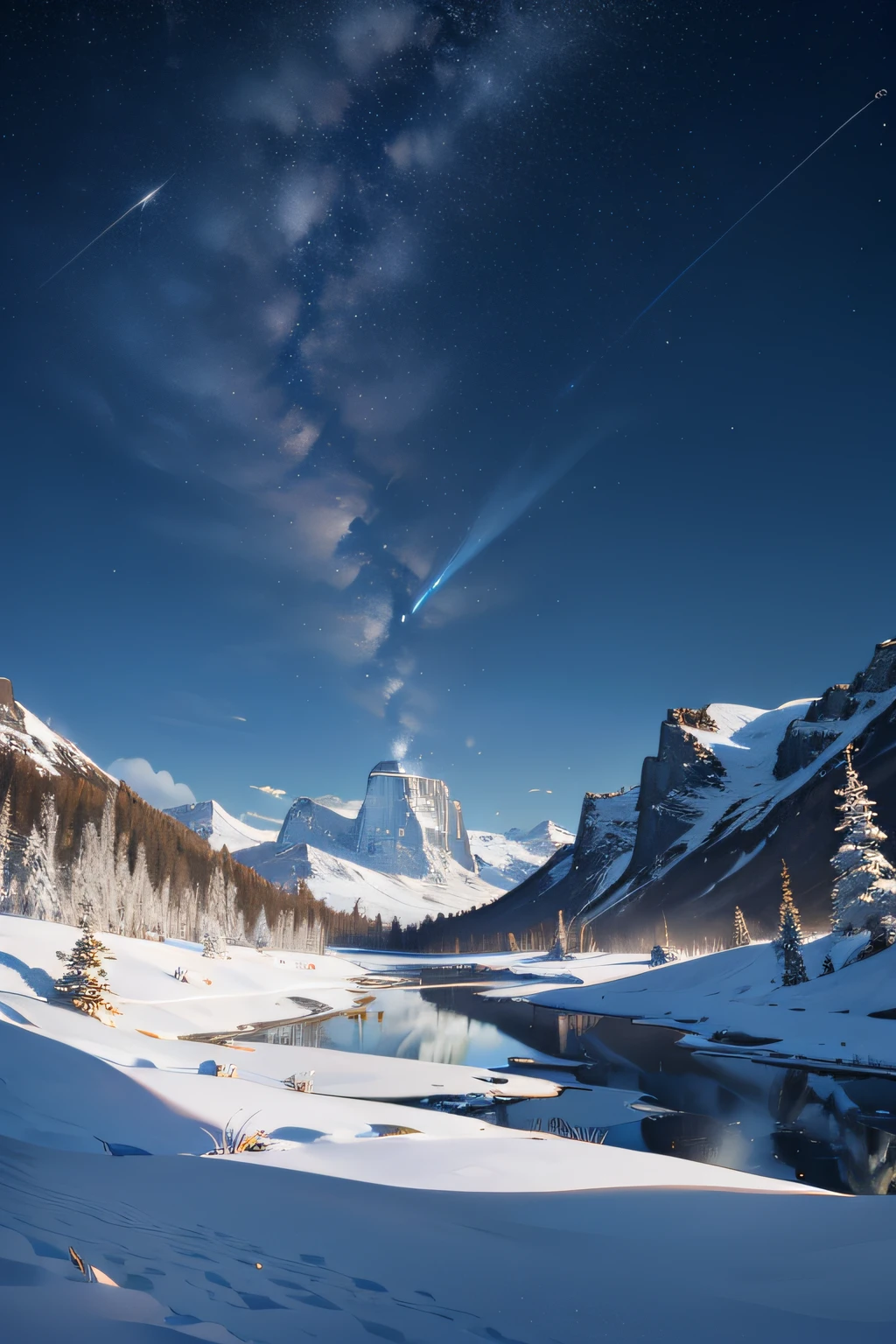 {{{masterpiece}}}, {{the best quality, super fine illustrations, beautiful and delicate water}}, {{very delicate light}}, {{nature, painting}}, {{fine lighting, more transparent stars, high-quality snowflakes, high-quality mountains, very fine 8KCG wallpapers}}, (plateau), (((snow mountain))), sunrise, randomly distributed clouds, (snow field), cliff, ((rotating star sky)), ((lake in mountain stream)), luminous particles