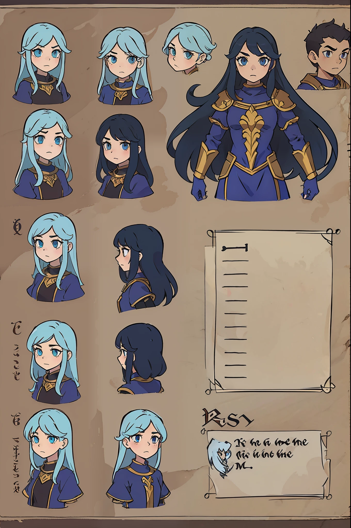 fantasy monster, by bestiary_style, masterpiece, best quality, minimalist, turnaround sheet, character chart, reference sheet, multiple poses, character turnaround sheet, girl, long hair, armor