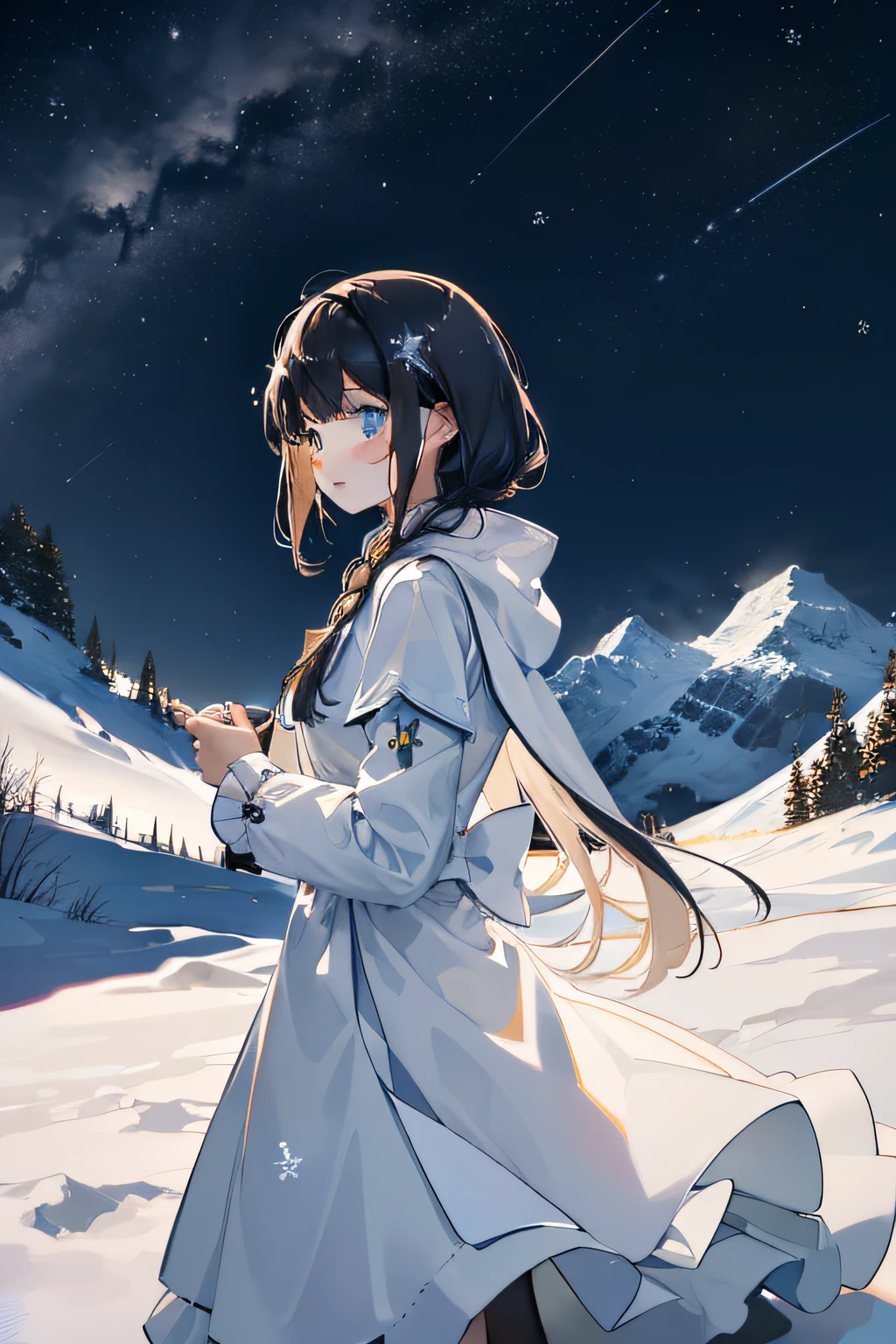 {{{masterpiece}}}, {{the best quality, super fine illustrations, beautiful and delicate water}}, {{very delicate light}}, {{nature, painting}}, {{fine lighting, more transparent stars, high-quality snowflakes, high-quality mountains, very fine 8KCG wallpapers}}, (plateau), (((snow mountain))), sunrise, randomly distributed clouds, (snow field), cliff, ((rotating star sky)), ((lake in mountain stream)), luminous particles