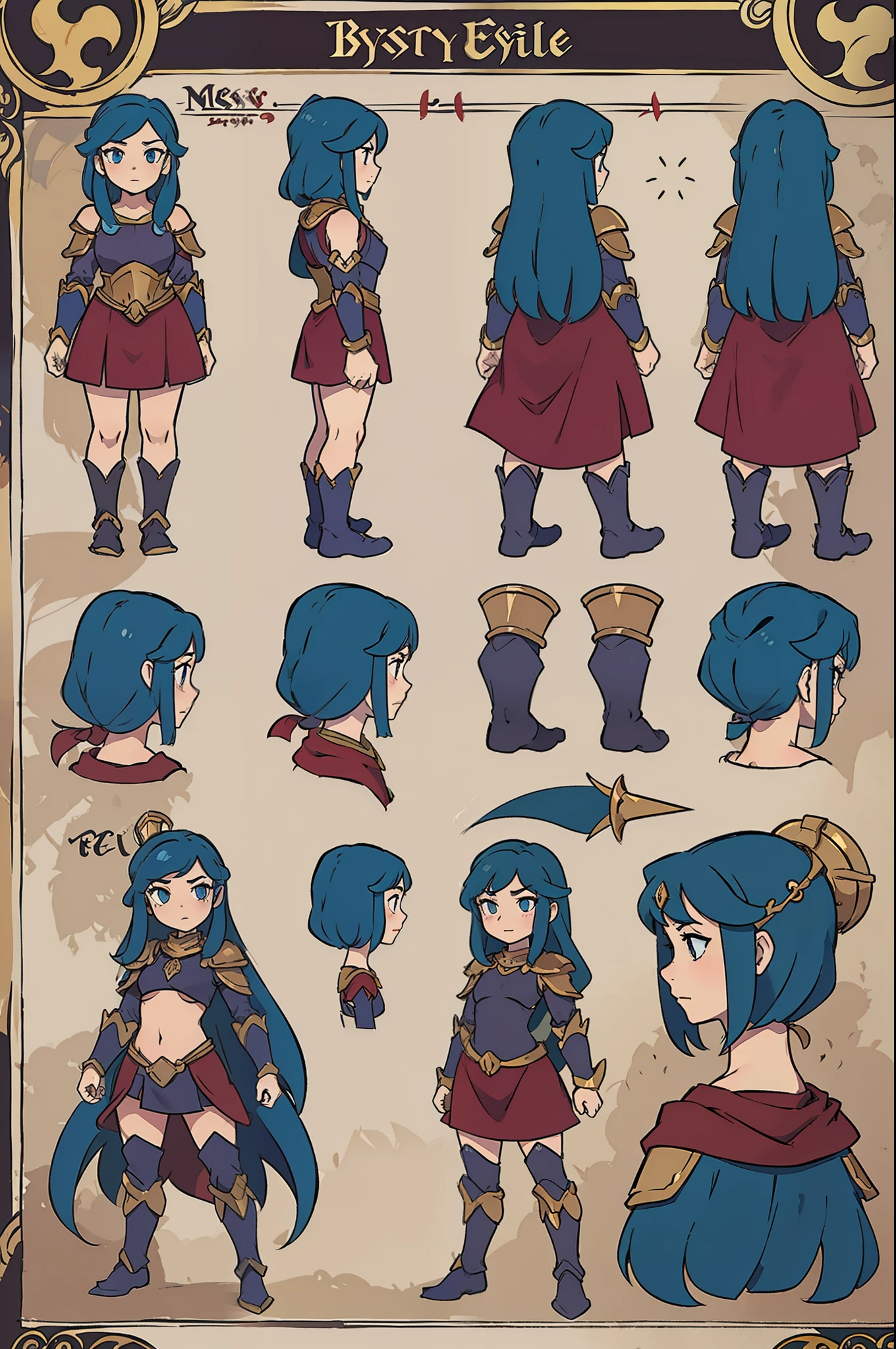 fantasy monster, by bestiary_style, masterpiece, best quality, minimalist, turnaround sheet, character chart, reference sheet, multiple poses, character turnaround sheet, girl, long hair, armor