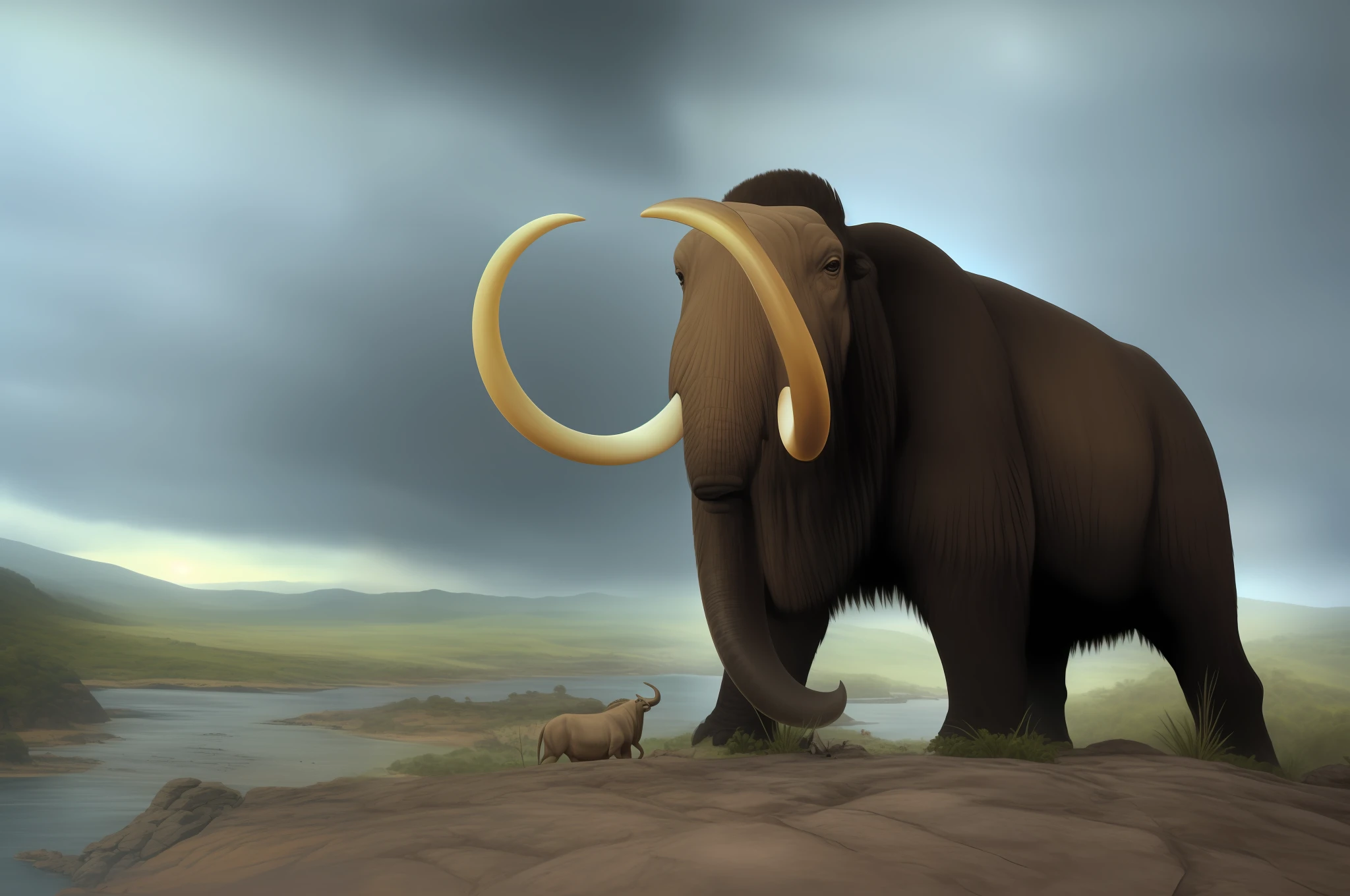 Araffe standing on a rock with an overcast sky in the background, mamute, pre - historic, Megafauna, fotografia realista paleoart, presas enormes, mastodonte, Presas, extinct species, Mamute dourado em uma cidade arruinada, era glacial, prehistory, uma foto de um elefante, prehistoric, paleoarte realista, chifres gigantes