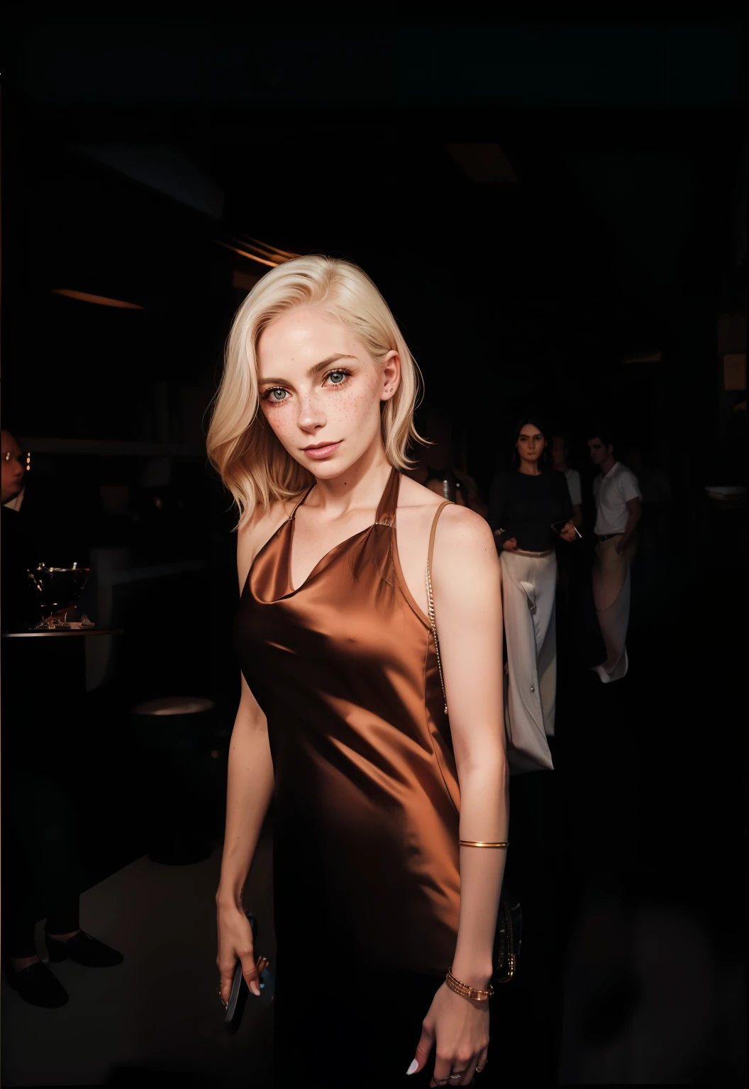Rosto de uma mulher, americana, 30 anos, pale skin and freckles, olhos cinzas, nariz delicado, soft and delicate lips, cabelo blondie cinza longo e ondulado, ultrarrealista HD fotorrealista altamente renderizado sorriso perfeito