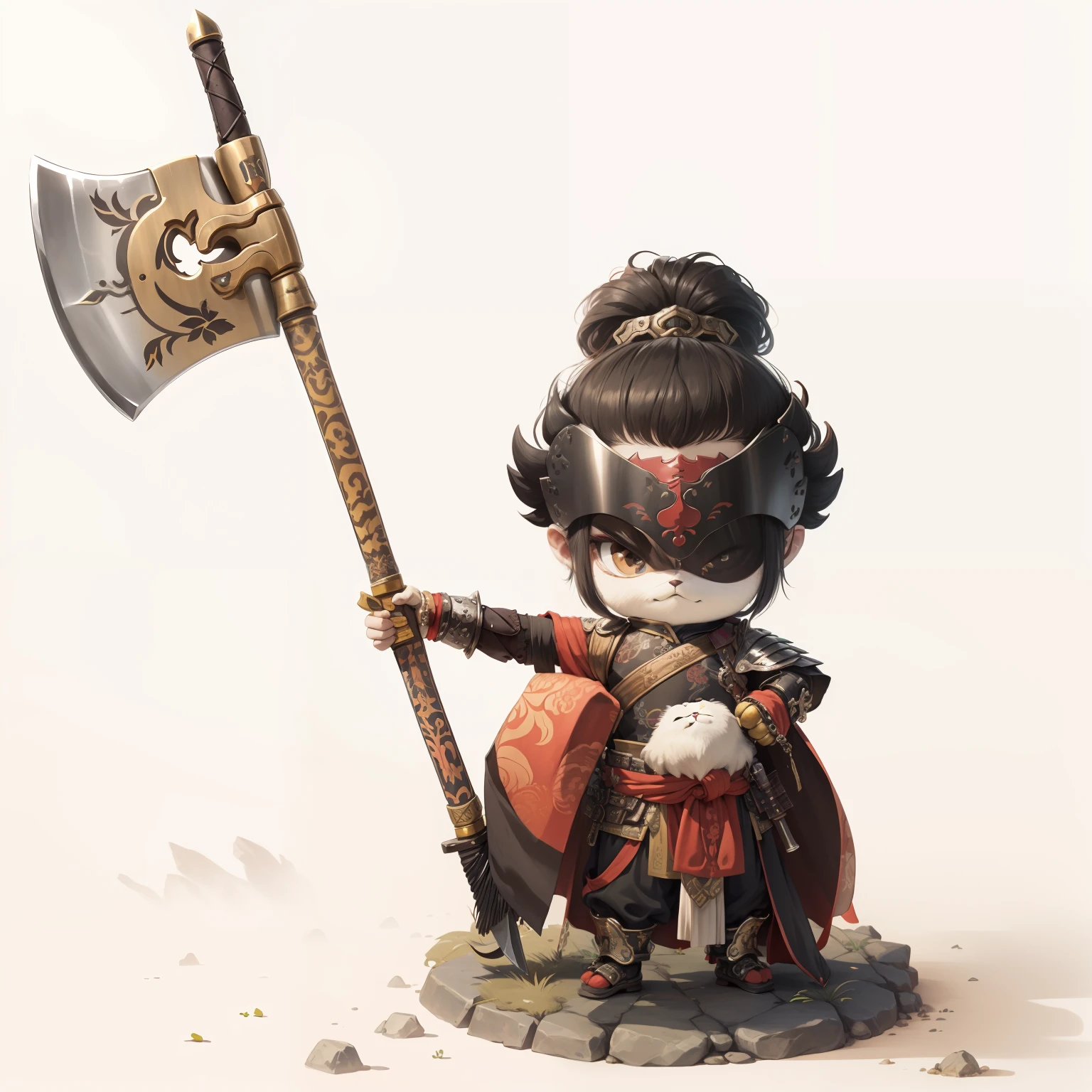 male people，Male characters，tchibi，Bad，Arms，Axe weapons，Ancient Chinese weapons，The handle has a delicate pattern，Shoulder blades，metal breastplate，chainmail，Animal pattern cuirass，chest plate，Bracers，Flowing hem，China-style，Chinese-style clothing，Chinese shoes，There are beautiful patterns on the weapon grips，Refinement，Fine painting，Refinement，infinite details，high definition detail，Patterned，Pattern，Blank background，Bright colors，Metal edging