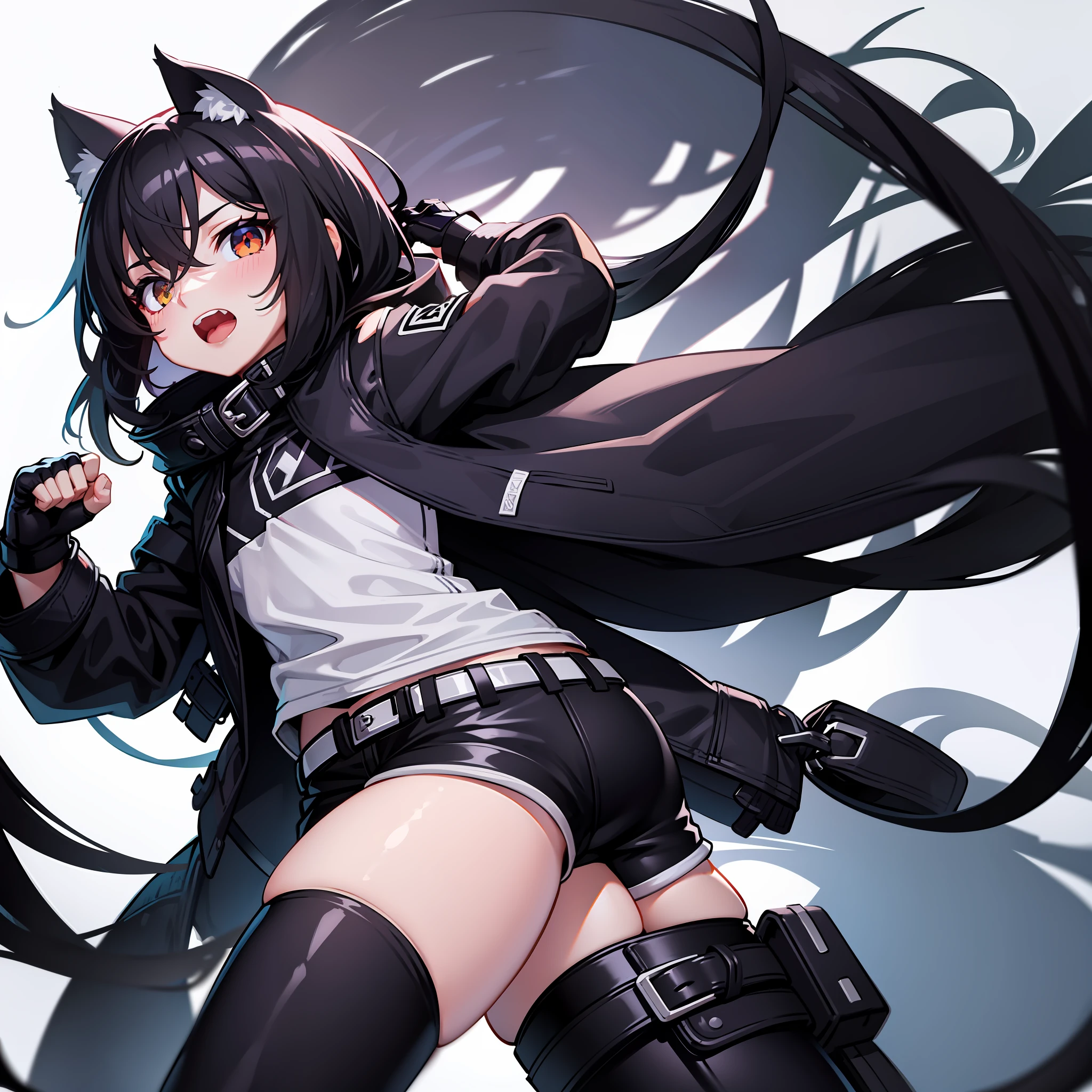 origin, 1girll, Long hair, Solo, Jacket, Shorts, mitts, Black jacket, Black gloves, Open mouth, Black shorts, Hand in pocket, White background, Fingerless gloves, belt, Simple background, view the viewer, Cat tail, Very long hair, Short shorts, Black shirt, shirt, thigh band, Long sleeves