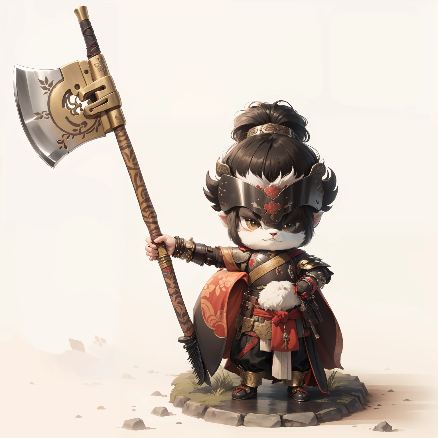 male people,Male characters,tchibi,Bad,Arms,Axe weapons,Ancient Chinese weapons,The handle has a delicate pattern,Shoulder blades,metal breastplate,chainmail,Animal pattern cuirass,chest plate,Bracers,Flowing hem,China-style,Chinese-style clothing,Chinese shoes,There are beautiful patterns on the weapon grips,Refinement,Fine painting,Refinement,infinite details,high definition detail,Patterned,Pattern,Blank background,Bright colors,Metal edging
