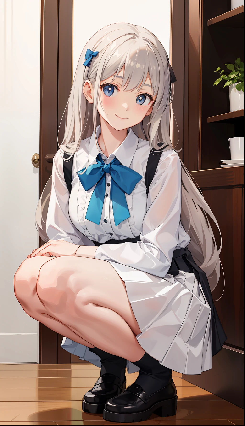 1girl in、A smile、A delightful! The shirt、pleatedskirt、white skirt、(small tits)Squatting panchira、