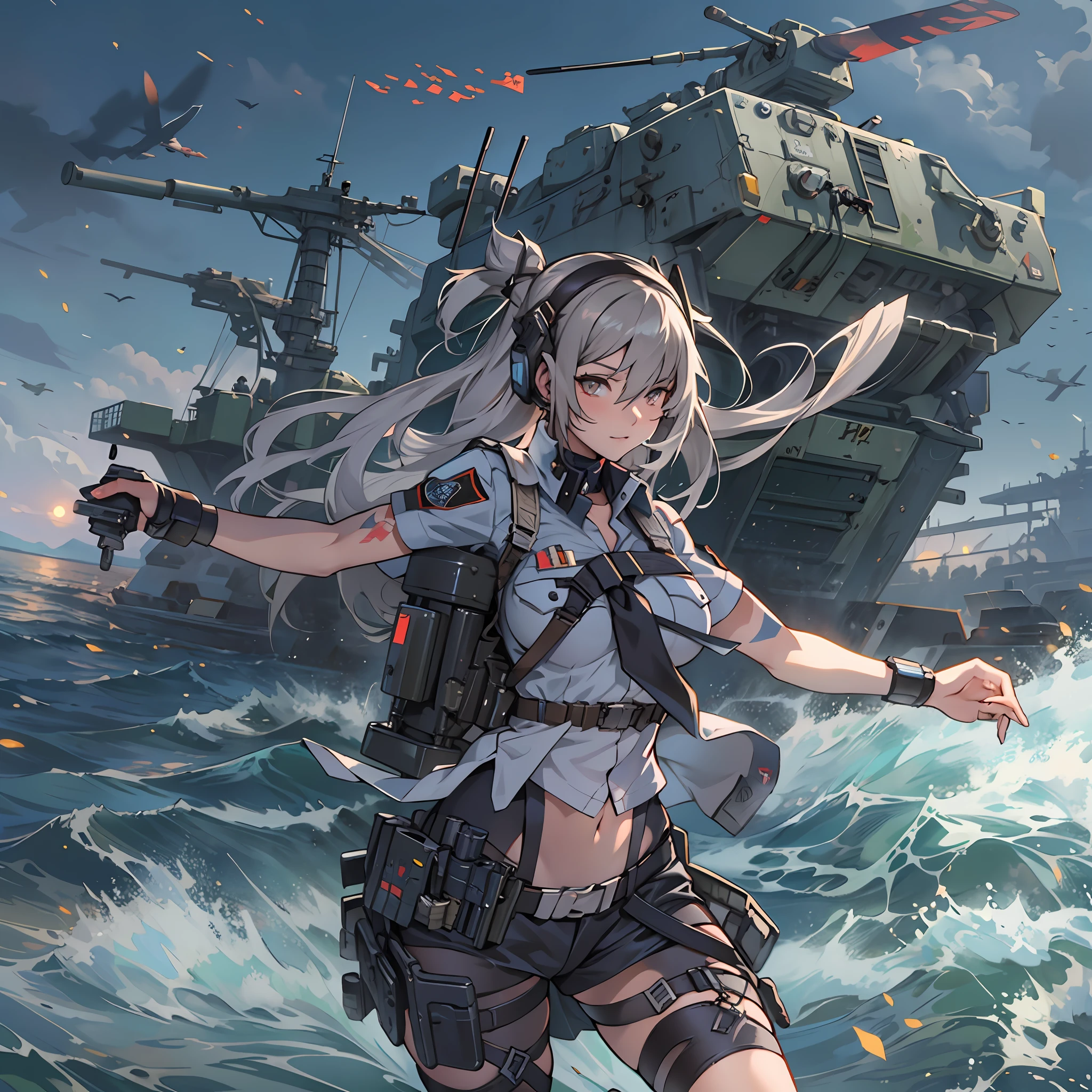 Anime girl landing from the sea, girls frontline style, from girls frontline, Fine details. girls' frontline, girls' frontline, girls frontline cg, infantry girl, Women's Last Tour, soldier girl, M4 Sopmod II Girls Frontline, anime maid ss military, girls frontline universe, Mechanized soldier girl, Majora、lieutenant colonel、Girls Moon、Start of battle!