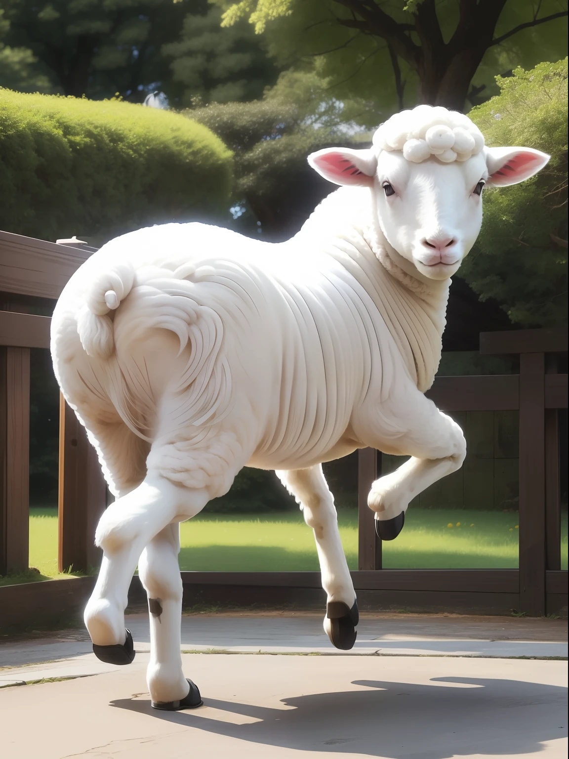 Leaping white lamb、from behind,