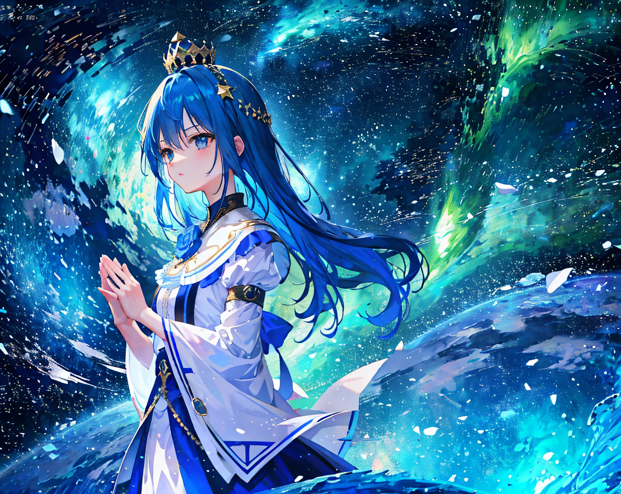Starry night sky with people:The ground station wears a girl with blue hair ,with blue hair, beautiful blue-haired girl, blue hairs, Blue long hair, Flowing blue hair, Blue hair, pretty girl with blue hair, the long flowing blue hair, Long blue hair, Girl with blue hair, Messy blue hair, Very long blue hair, ((Greenish-blue tones)),Noble princess dress, Literary,Beautiful,Highbrow,Slender eyebrows,Clear eyes,Ruddy lips,Soft skin,Satin long-sleeved blouse,Furnished with a golden edge,Antique long-sleeved dress,The skirt pattern is the pattern of the starry sky。Wear a crown, Birthday cap, Wish-making gesture, Make a wish with your hands crossed,eye closeds。and the Great Helix, Anime art wallpaper 4 K, Anime art wallpaper 4k, Anime art wallpaper 8 K, 4k highly detailed digital art, Beautiful art UHD 4 K, cosmos sem fim no fundo, Anime wallpaper 4K, Anime wallpaper 4 k, 8K HD wallpaper digital art, 4K anime wallpaper, amazing wallpapers