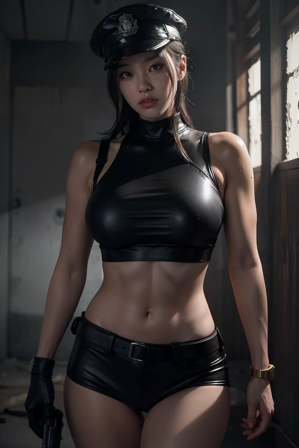 ((tmasterpiece, best qualtiy)), illustratio, Highly detailed 8K, realistic focus, Complicated details, a big breast chinese girl, Policewoman, Resident Evil background, Resident Evil series, resident evil style, Dark, Low light, darkly, Robust body, Sexy and robust, Detailed abs, Detailed muscle lines, Detailed , tit, teat, Bumps, Protruding , Protruding , Protruding , dynamicposes, Dirty body, Greasy body, sweating body, Wet floors, There are stains on the body, Stained walls, hand gun,holding gun:2.0, Chains, rusted, T-back, wear police cap, Highly detailed police equipment, Normal body proportions, Normal face, Normal hands, frontage, fully body photo, tall image, Look from the bottom up, look from down, looki at viewer