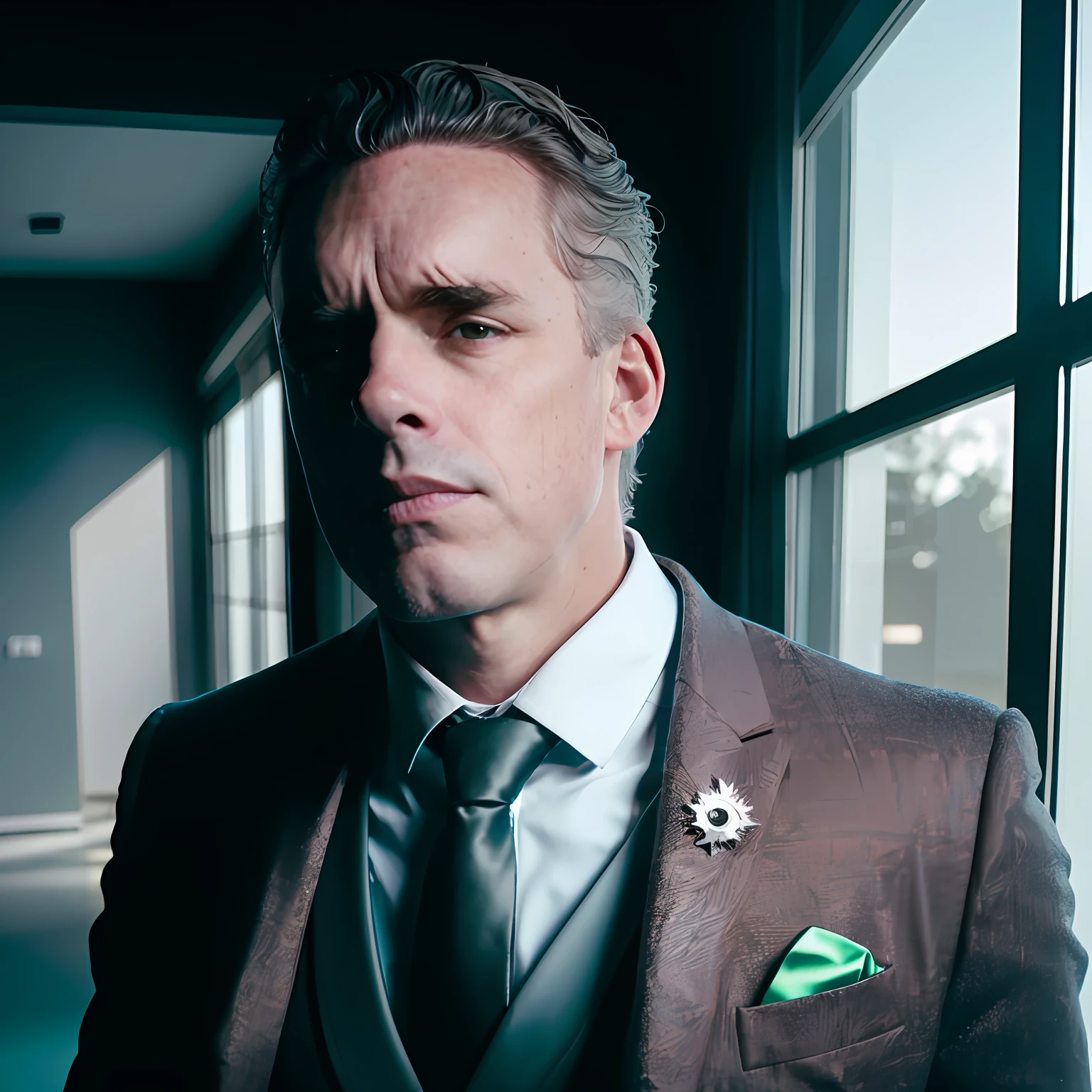 gloomy analog photo (tiro de close-up extremo) de um homem forte e maduro, muito parecido com Jordan Peterson, (vestindo um costume bege escuro e violeta e camisa verde-oliva), alto detalhe, foco nítido, muito realista, melhor qualidade, 8k, premiado, Dramatic lighting with shadows, epic, cinemactic, obra-prima, studio photography, Fujifilm XT3