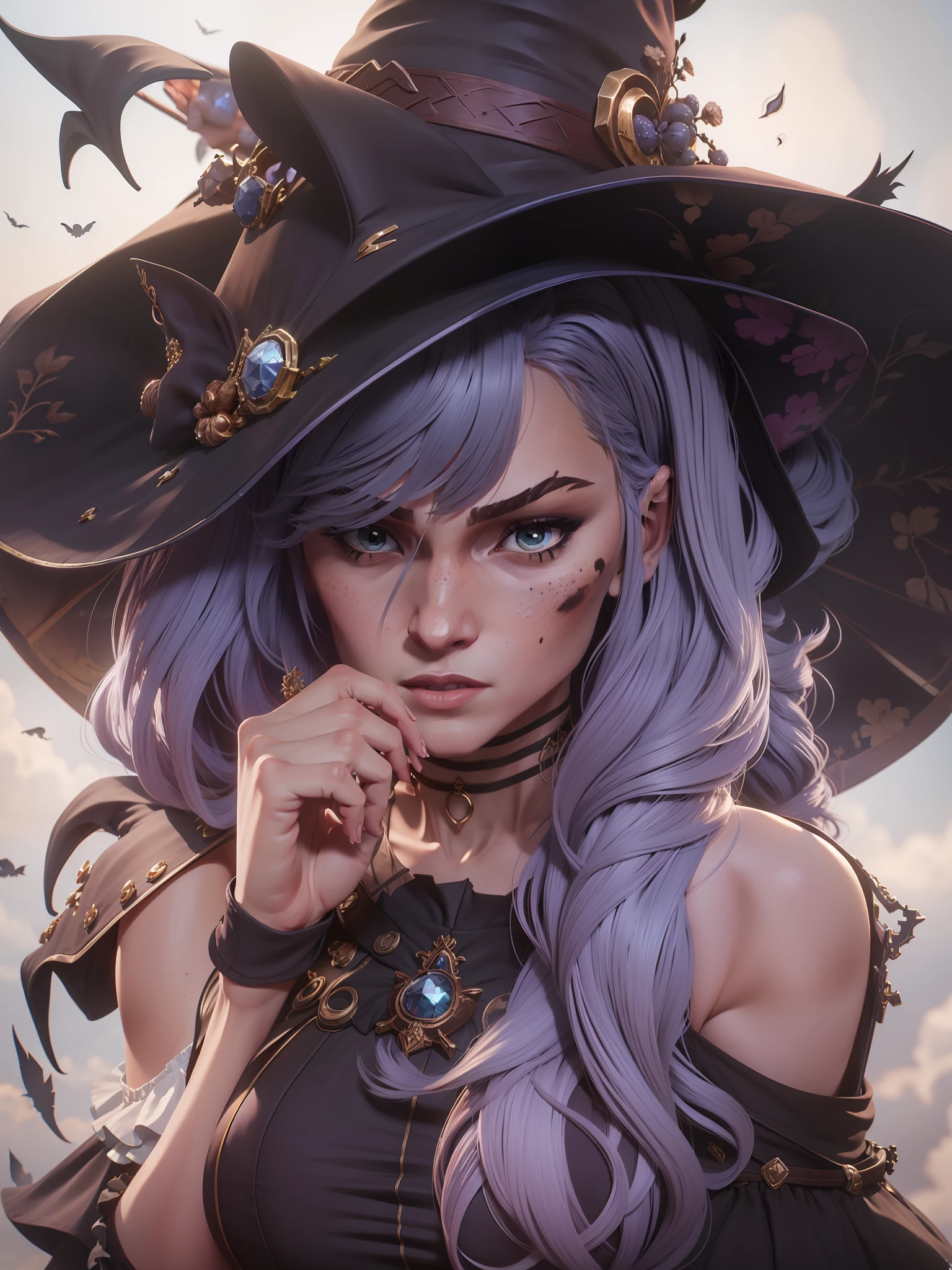 (4k, Melhor qualidade, 3:4 perfil, obra prima, fundo desfocado) 1 mulher, Focus on the hand, bruxa, orelhas de gato, witch hat, roupas sensuais, vestimentas escuras, cabelos prateados".