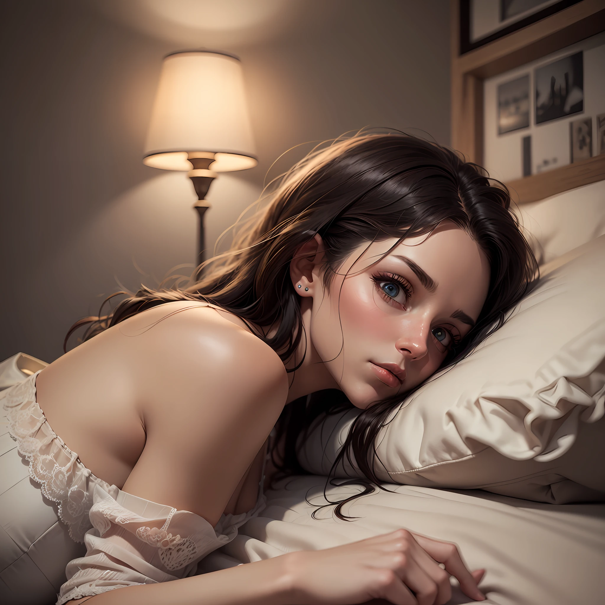 woman with insomnia, lying in bed, eyes open, looking at the wall, side view, medium breasts, penumbra, lamp light, illuminated face, nostalgic atmosphere, ultra definition image, photorealistic, 8k --auto --s2