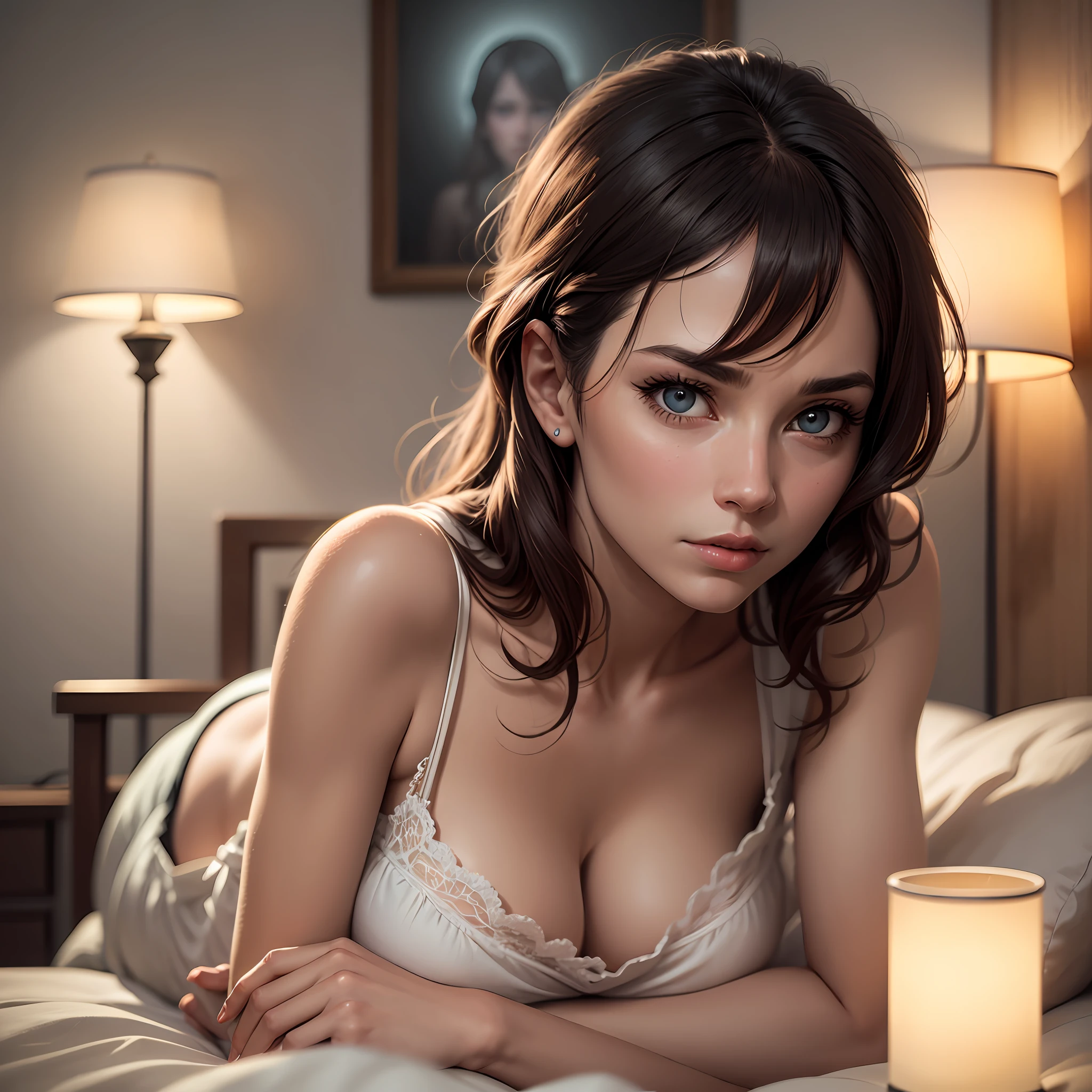 woman with insomnia, lying in bed, eyes open, looking at the wall, side view, medium breasts, penumbra, lamp light, illuminated face, nostalgic atmosphere, ultra definition image, photorealistic, 8k --auto --s2