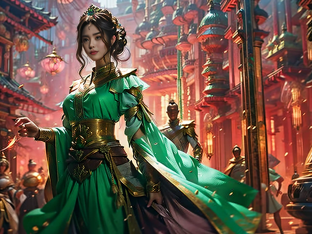 CLASSICSTYLE,A princess,Light green skirt,Long silky brown hair,Plump breasts,Melon seed face,Rushed face。