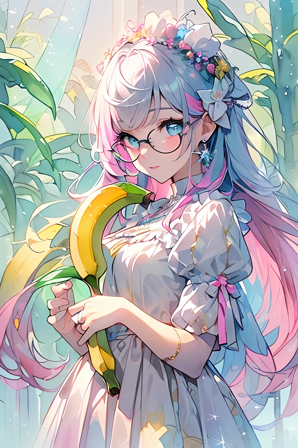 ((masterpiece、top-quality、Watercolor art(Pendants)、Official art、Beautifully Aesthetic:1.2))、(1girl in:1.3)、(Fractal Art:1.3)、full body Esbian、((Glitter pupils))、patterns、((rainbow-colored hair、colourful hair、Half blue and half pink hair:1.2))、colourfull、(Silver-rimmed glasses)、Writing、heterochromia iridis、(colourfull:1.5)、(maid clothes)、((Shy face))、((maikurobikini))、(Standing)、(Hyper-detailing), ((delicate detail)), (intricate detailes), ((ciinematic light, best quality backlight)), highcontrast, ((The best lighting, extremely delicate and beautiful)), ((ciinematic light))、(ray trace reflection、brilliance)、((glowing aura))、((Radiant hair))、((The ultra-detailliert))、((8K))、(((Bananas in both hands)))、(((Banana on background)))