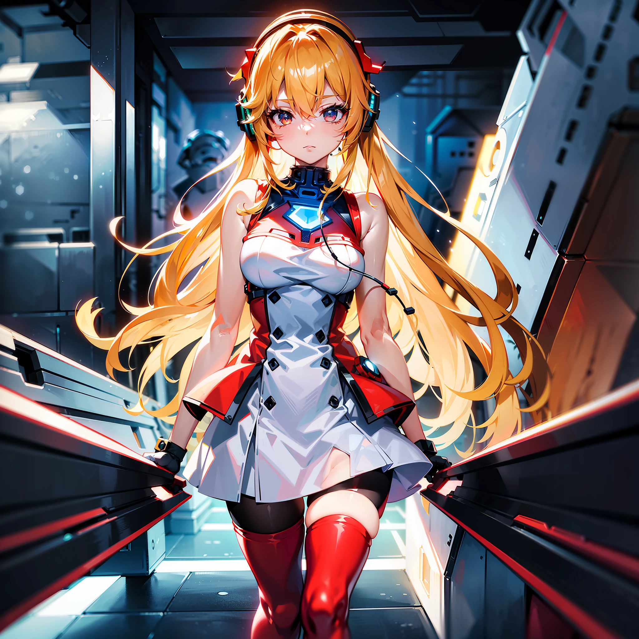 (Top view), Dynamic angle, Ultra detailed, Illustration, Close up, Straight Straight, 1 Girl,
 ((souryuu Asuka Lanley, interface headphones, red tights: 1.4, blonde)), her eyes shine like dreamy stars, (glowing eyes: 1.233), (beautiful and delicate eyes: 1.1), (expressionless, mouth closed), (standing),
(mechanical room with tools and spaceship windows in the white spaceship),
(night: 1.2), dreamy, [[slender fingers and hands: 0.55]::0.85], (detail fingers),