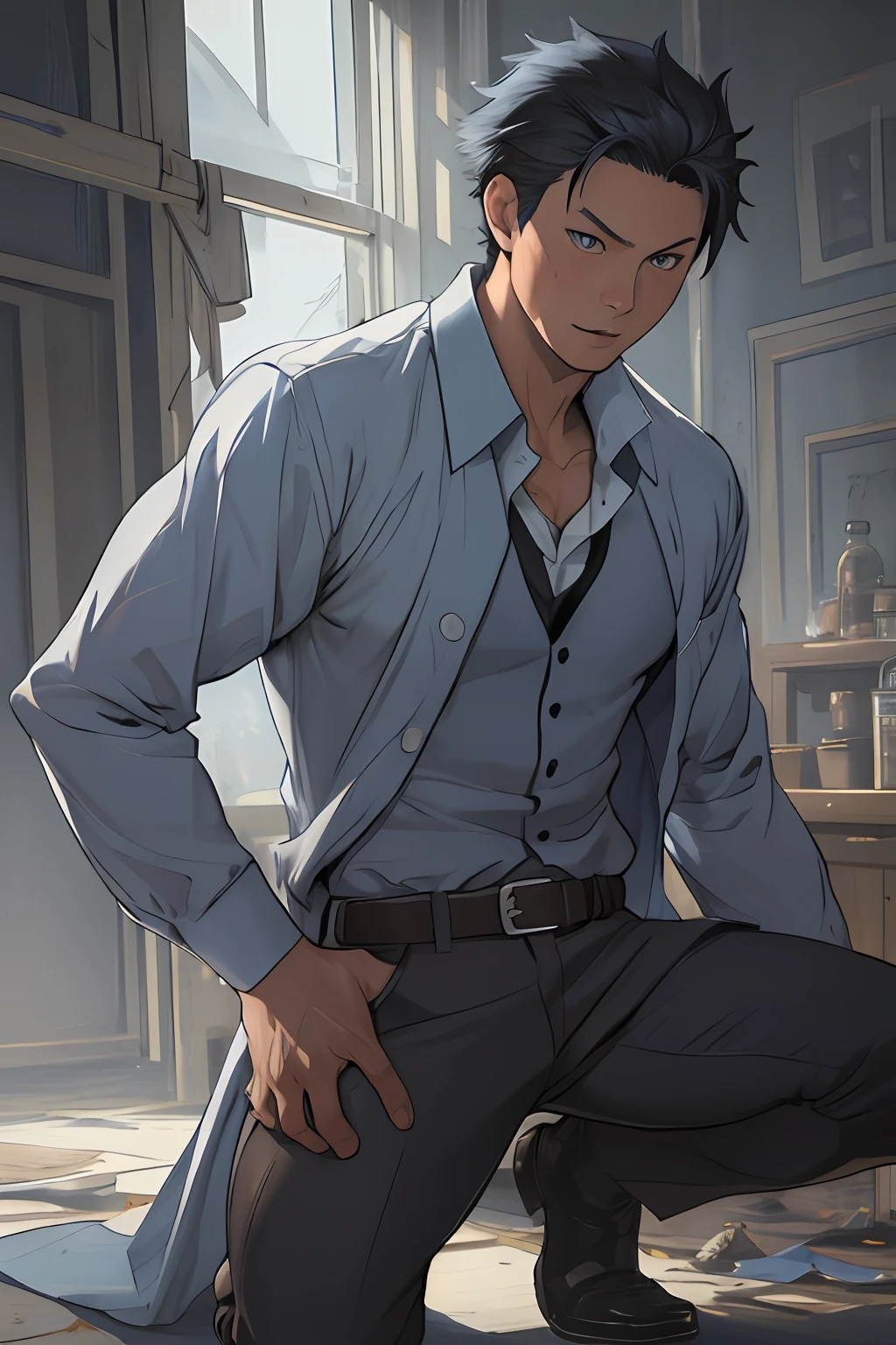 tmasterpiece,best qualityer,illustratio,Realisticstyle,photo realistic style,detail in face,offcial art,Movie lighting,(1 Adult male),A high resolution, Sharp focus, Pixiv masterpiece, ((Complicated details)), highly detailed, natsuki_subaru, 1 man, with her mouth open,full bodyesbian,kneel,Defeat,wounded, blue colored eyes(eyes glowing), blue short hair,white shirt,Wear a tie,Wear a belt,perspire,look from down
