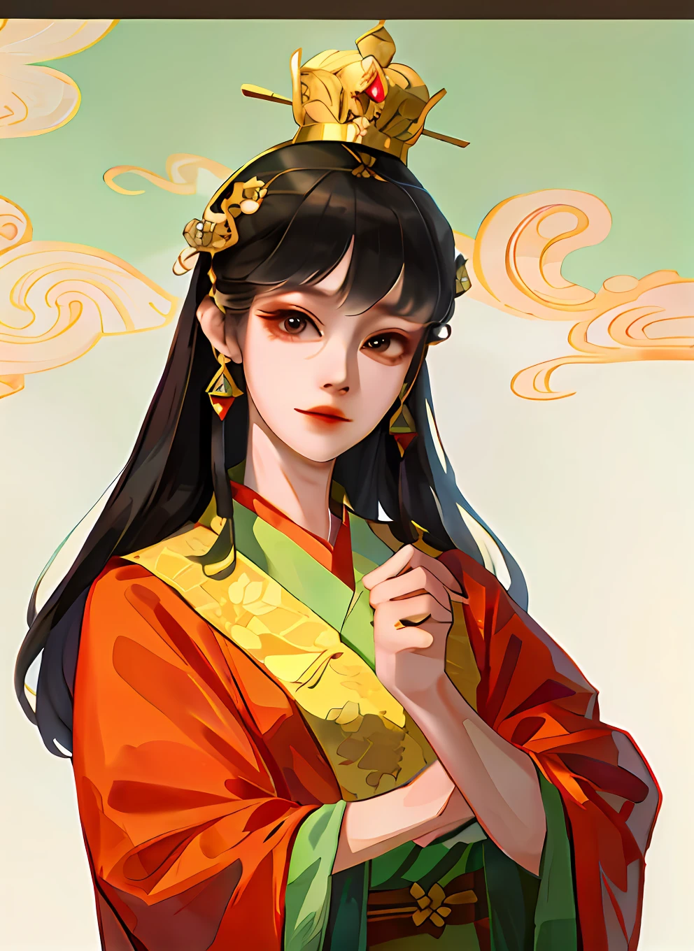 Anime girl in traditional Chinese costume,with a crown on her head, Palace , A girl in Hanfu, Beautiful character painting, a beautiful fantasy empress, Inspired by Lan Ying, inspired by Park Hua, Princesa chinesa antiga, Inspired by Qiu Ying, China Princess, inspired by Gong Xian, inspired by Wu Bin, inspired by Du Qiong, inspired by Ju Lian