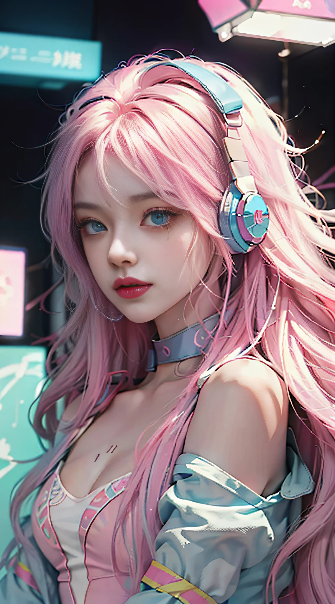 one-girl，Long light blue-pink hair slightly curled，Messy long hair，blue color eyes，Bring headphones，Rainbow，cyber punk perssonage，The environment is simple，Meticulous facial features，8K，hyper HD，the detail（1：2），cinematric light，Sideslit，warm lights，looking at viewert，鎖骨，Shoulders exposed，Blackn clothes，复杂，Rich in graphics，cruel