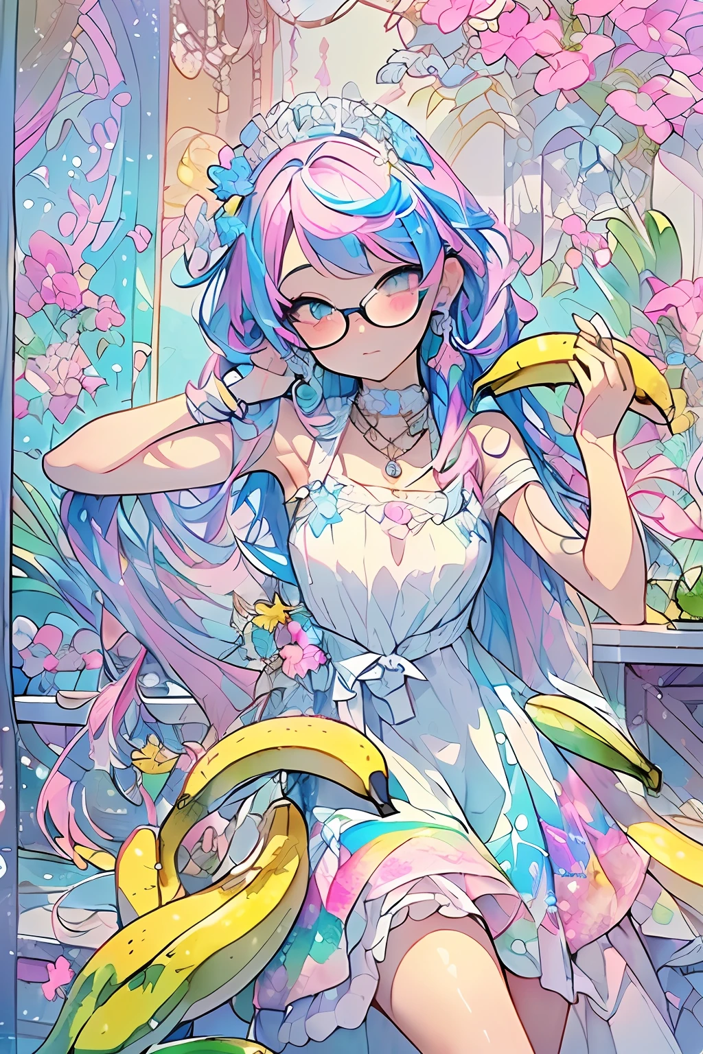 ((​masterpiece、top-quality、Watercolor art(Pendants)、Official art、Beautifully Aesthetic:1.2))、(1girl in:1.3)、(Fractal Art:1.3)、full body Esbian、((Glitter pupils))、patterns、((rainbow-colored hair、colourful hair、Half blue and half pink hair:1.2))、colourfull、(Silver-rimmed glasses)、Writing、heterochromia iridis、(colourfull:1.5)、(maid clothes)、((Shy face))、((maikurobikini))、(Standing)、(Hyper-detailing), ((delicate detail)), (intricate detailes), ((ciinematic light, best quality backlight)), highcontrast, ((The best lighting, extremely delicate and beautiful)), ((ciinematic light))、(ray trace reflection、brilliance)、((glowing aura))、((Radiant hair))、((The ultra-detailliert))、((8K))、(((Bananas in both hands)))、(((Banana on background)))