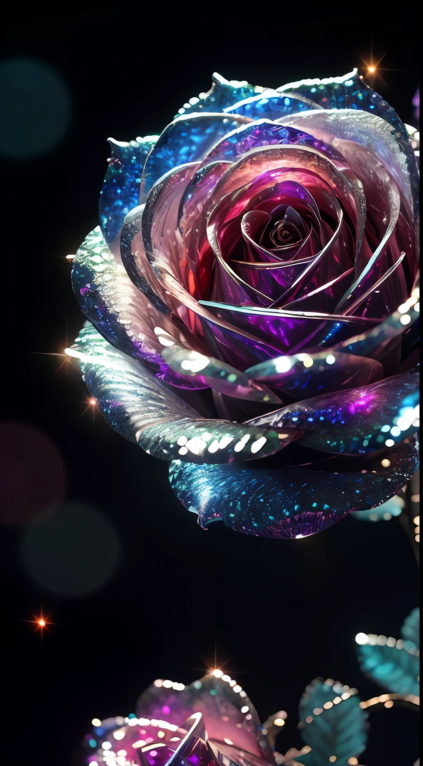 Crystal rose, fanciful, starrysky, cleanness, glittery, splendor, Colorful, Amazing photography, dramatic lighting, photo-realism, ultra - detailed, 4k, depth of fields, A high resolution